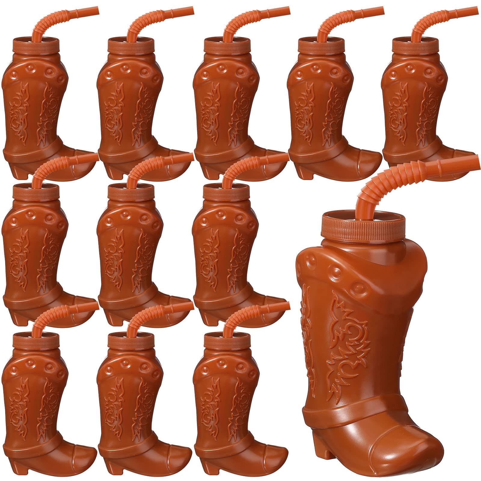 Hoolerry 12 Pcs 10 oz Plastic Cowboy Boot Cups with Straws and Lids Plastic Cowboy Cups for Western Themed Party Supplies and Rodeo Party Decorations (Brown)