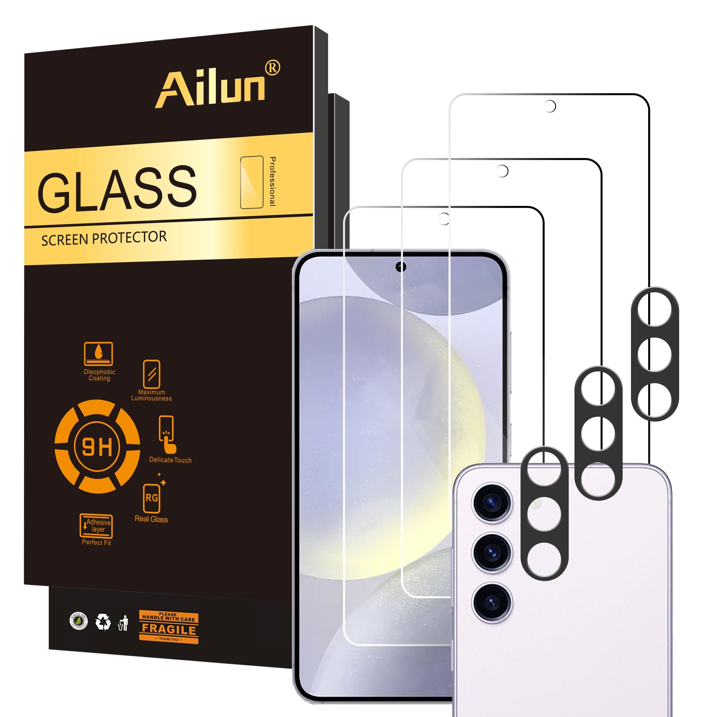 Ailun Glass Screen Protector for Galaxy S24+ / S24 Plus [6.6 Inch] 3Pack + 3Pack Camera Lens Tempered Glass Fingerprint Unlock 0.25mm Ultra Clear Anti-Scratch Case Friendly [Not For S24 Ultra]