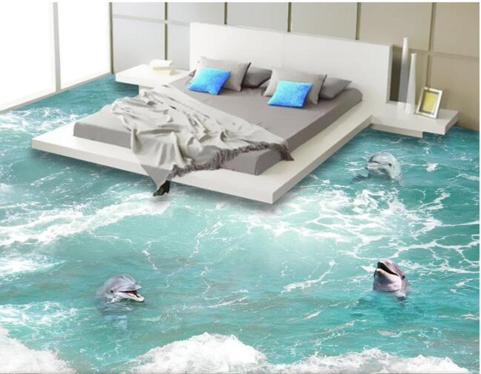 Wall Mural Wallpaper 47 x 32 inch (Width x Height) 3D Flooring Custom Waterproof 3D PVC Flooring Waves a Dolphin 3D