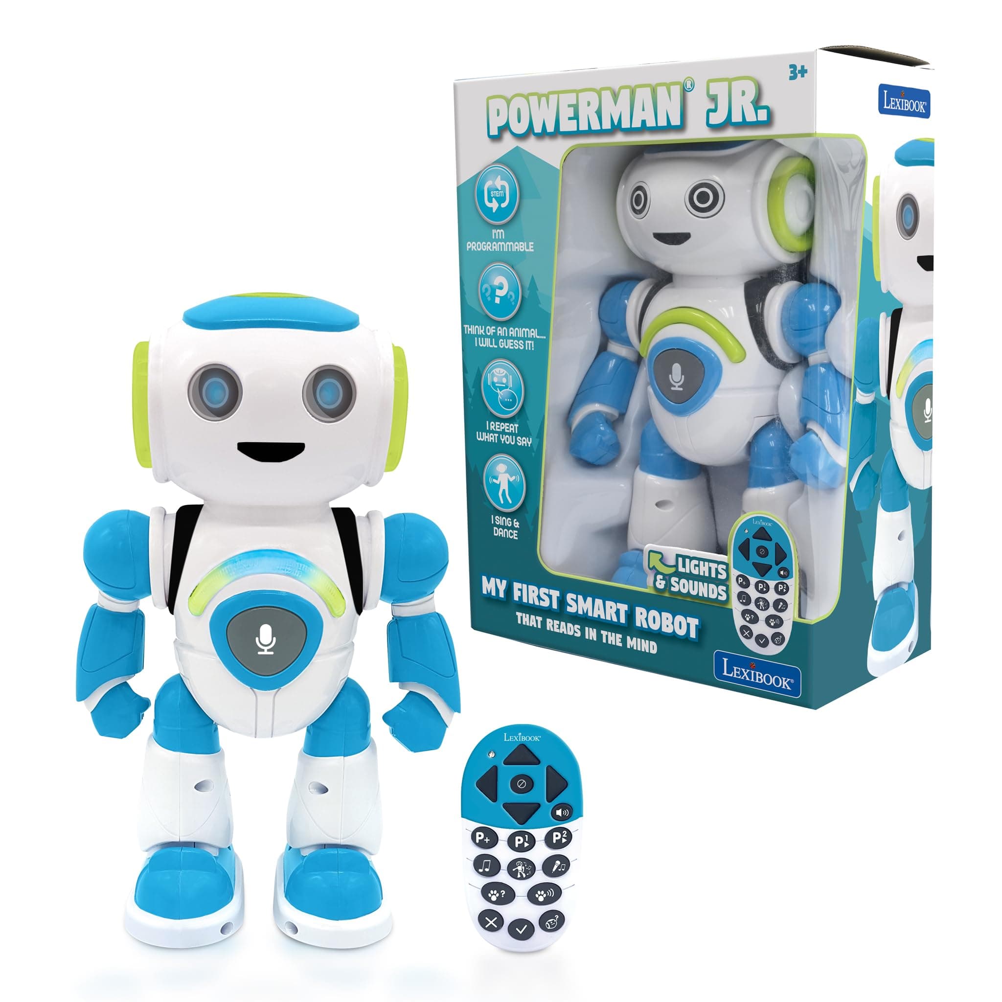 Lexibook Powerman Jr. Smart Interactive Toy Robot that Reads in the Mind Toy for Kids Dancing Plays Music Animal Quiz STEM Programmable Remote Control Boy Robot Junior Green/Blue - ROB20EN_09