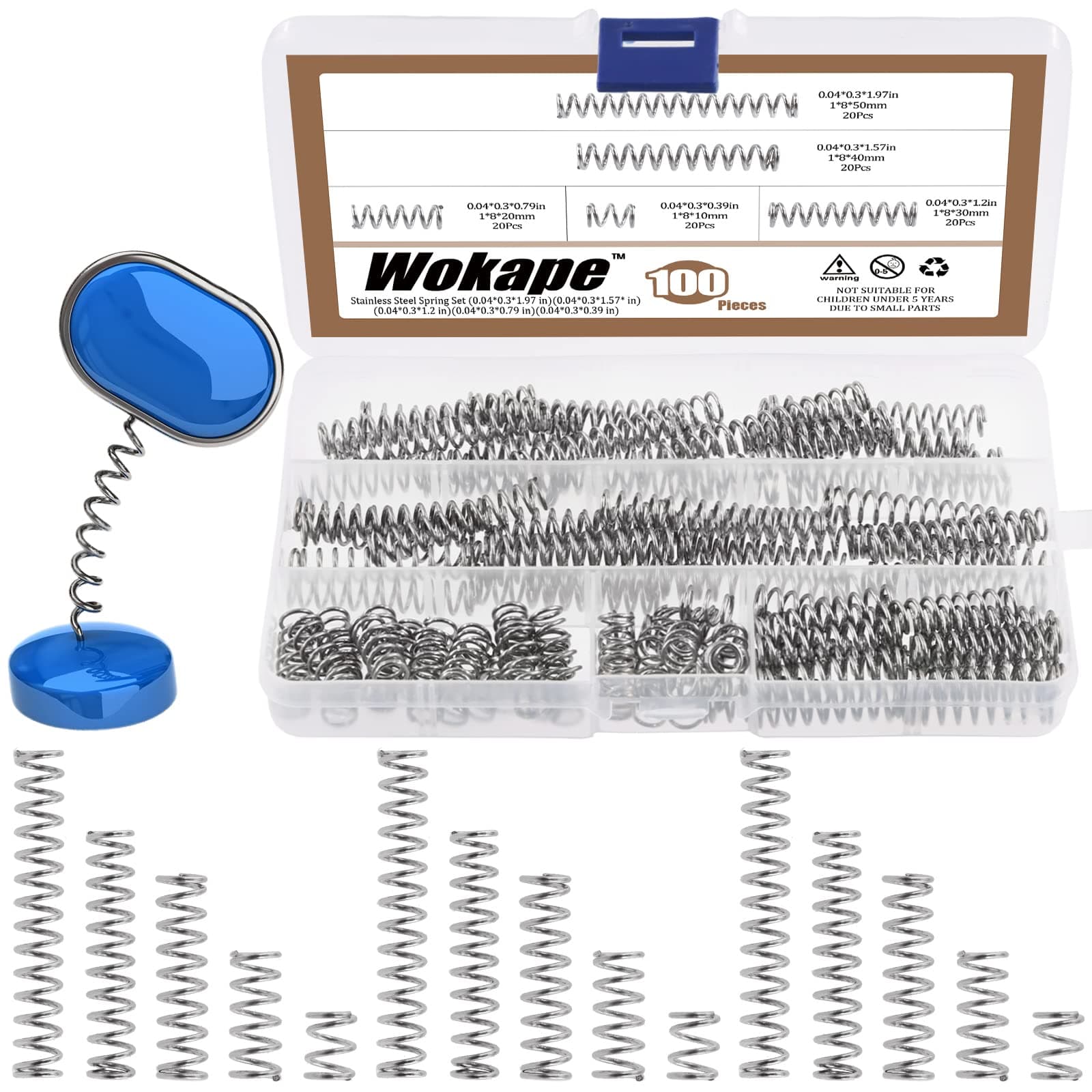 100Pcs Compression Springs Assortment Kit, 5 Sizes Mini Stainless Steel Compression Springs for Shop and Home Repairs, 1mm Wire Diameter, 8mm OD, 10/20/30/40/50mm Length