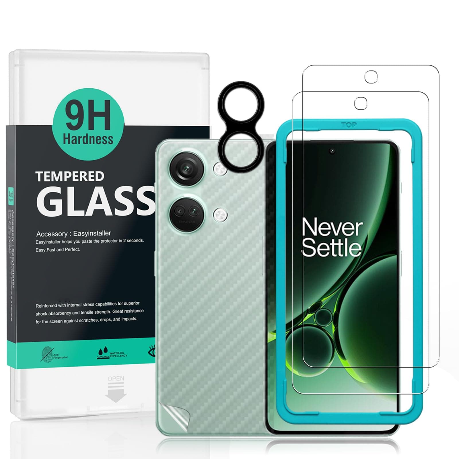 Ibywind Screen Protector For OnePlus Nord 3 5G(6.74"),with 2Pcs Tempered Glass,1Pc Camera Len Protector,1Pc Backing Carbon Fiber Film[Fingerprint Reader,Easy to install,Anti-Scratch,Ultra-Clear,9H]