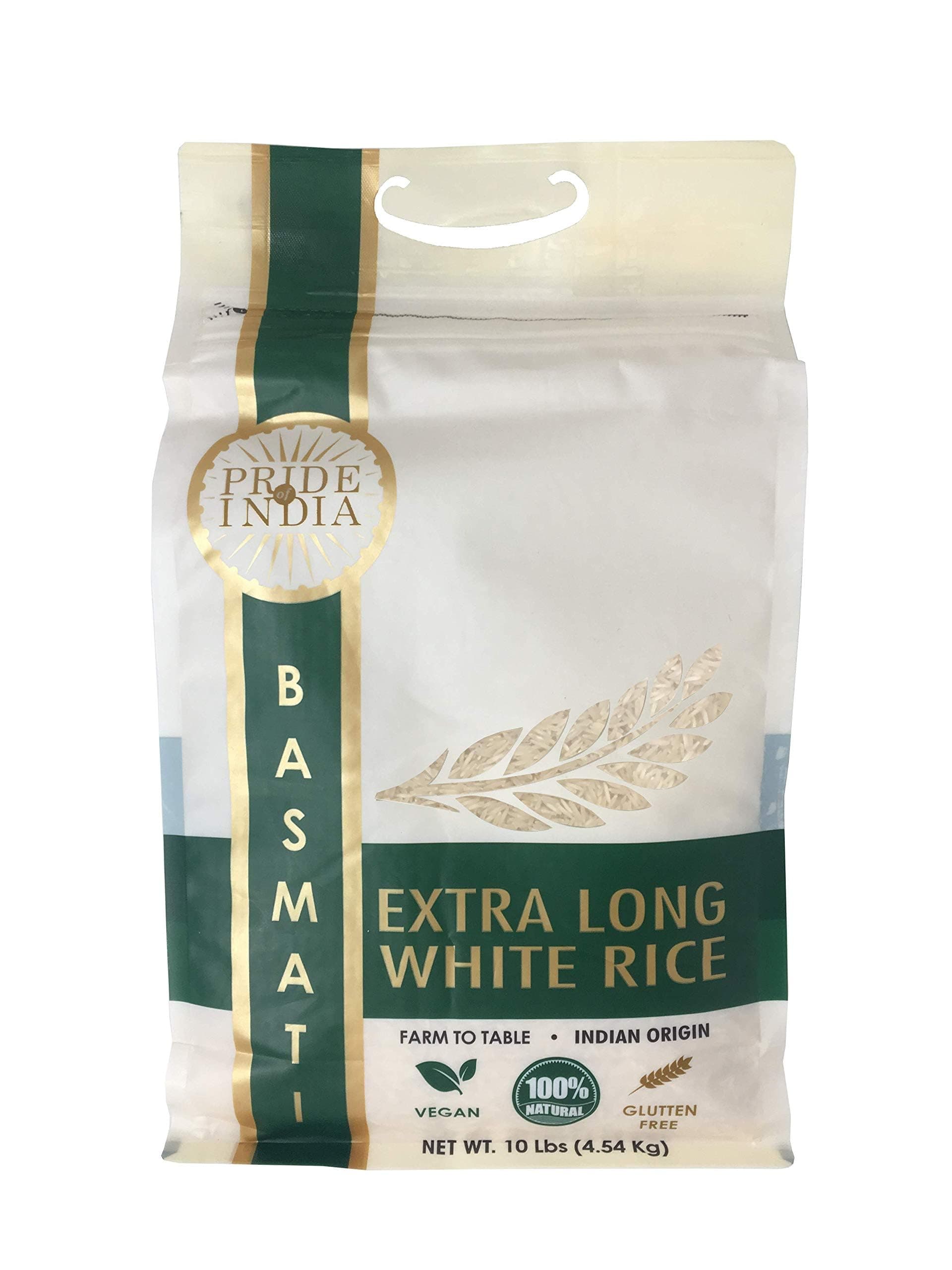 Extra Long Indian Premium White Basmati Rice, 10 Pound (4.54 Kilo) Reclosable Bag - Naturally Aromatic, Aged, Flavorful, Slender, Non Sticky Grains - Great Value for Money