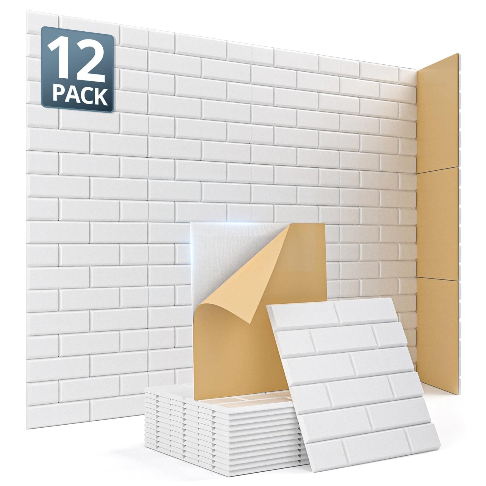 Kuchoow Acoustic Wall Panels Sound Absorbing for Studio Office, 12 Pack Self Adhesive Brick Felt White Acoustic Treatment Tiles for Ceiling Decorative Boards for Bedroom Gaming Room 12''×12''×0.4''