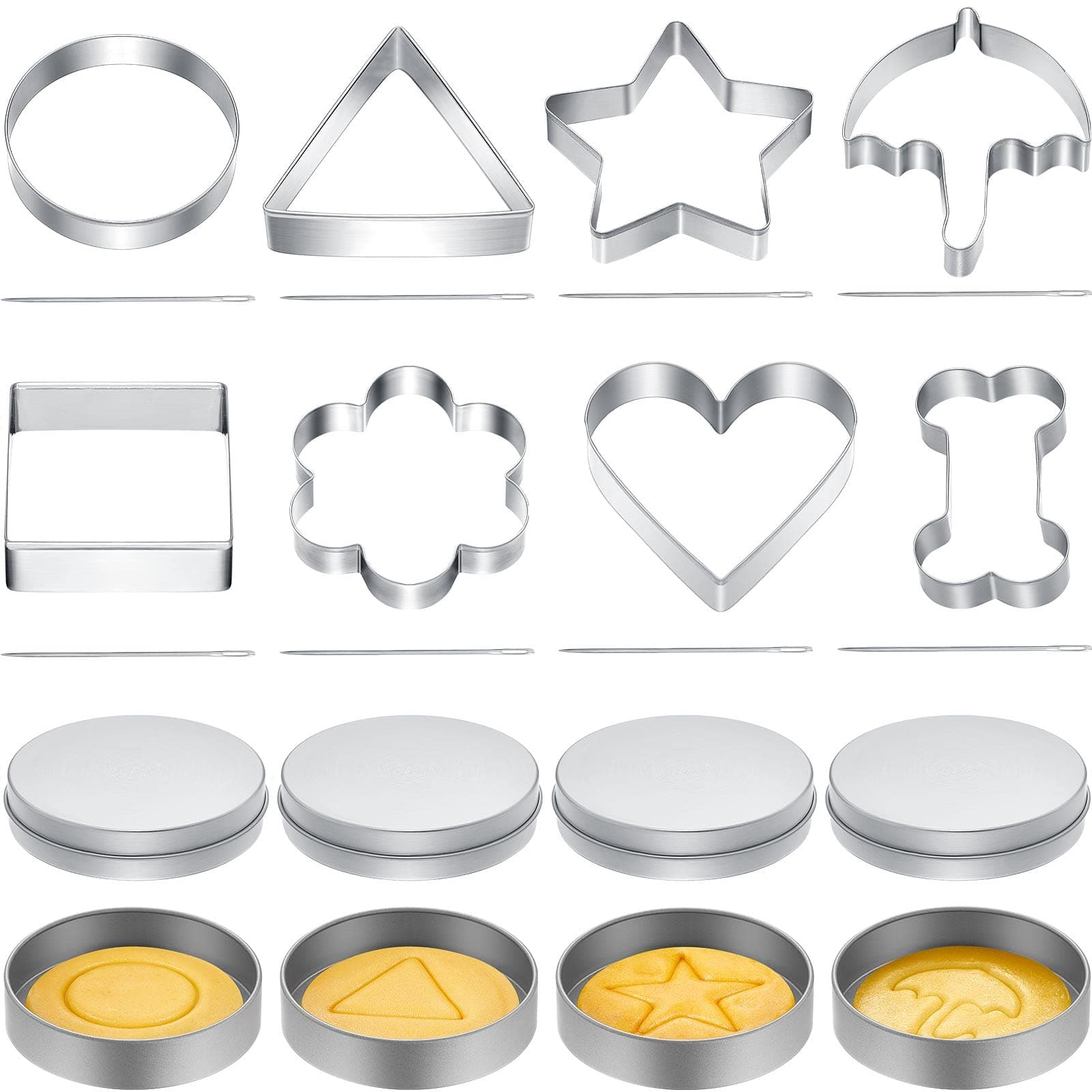 8 Sets Stainless Steel Cookie Cutters Shapes Set, Includes Cookie Candy Cutters Round Storage Tin Can Mini Needles with Geometric Circle Star Heart Triangle Square Umbrella Dog Bone Flower for Family