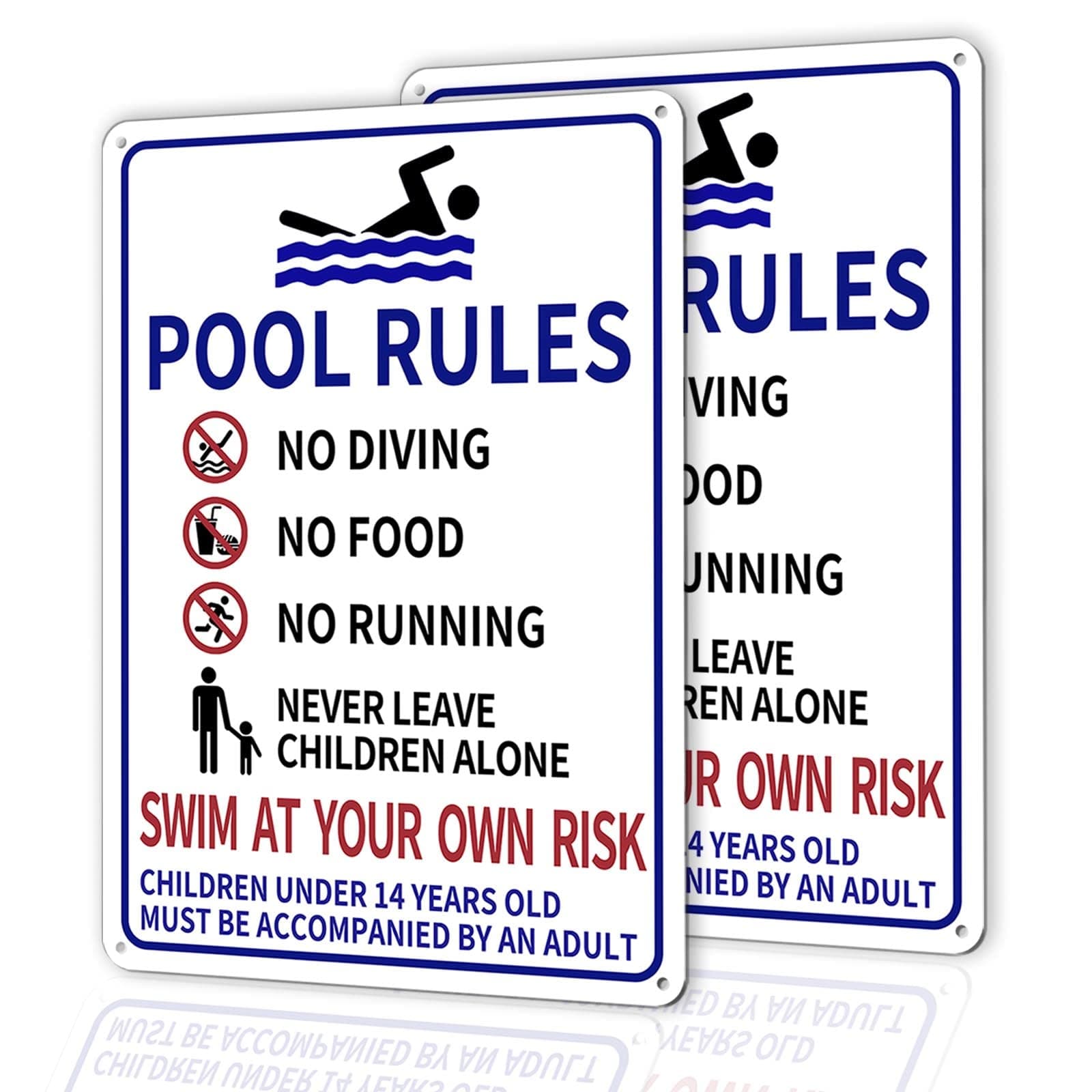 MOLESS [2 Pack] Pool Rules Sign, 9.7"x13.85" Metal Pool Signs Rust-Free 0.040 Aluminum and Fade-Resistant Printing with No Diving No Running Swim at Your Own Risk Safety Pool Signs and Decor Outdoor