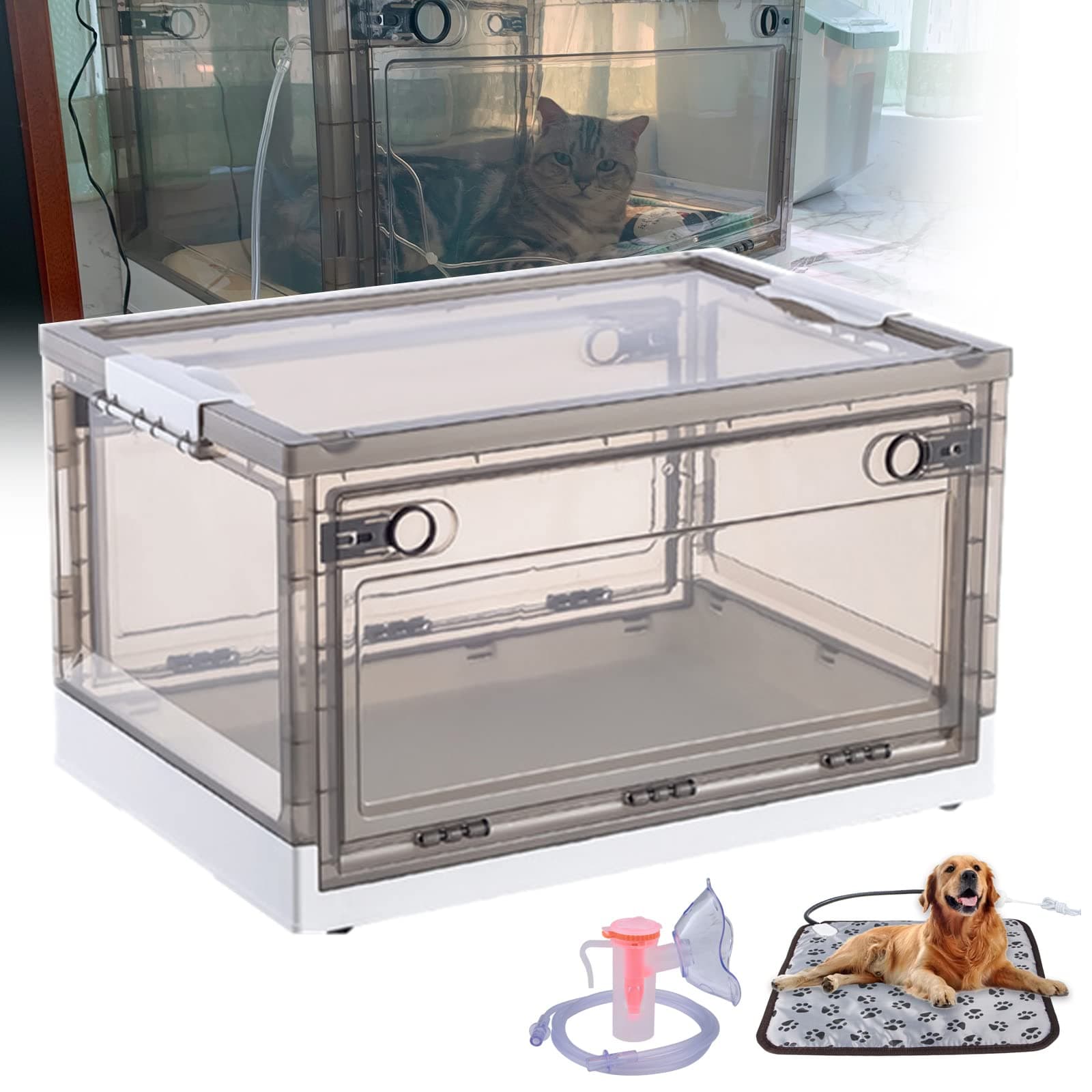 Oxygen Inhalation Box Cage With Heating Pad For Puppies, Medium Dogs, Cats - Waterproof & Breathable Oxygen Therapy Chamber