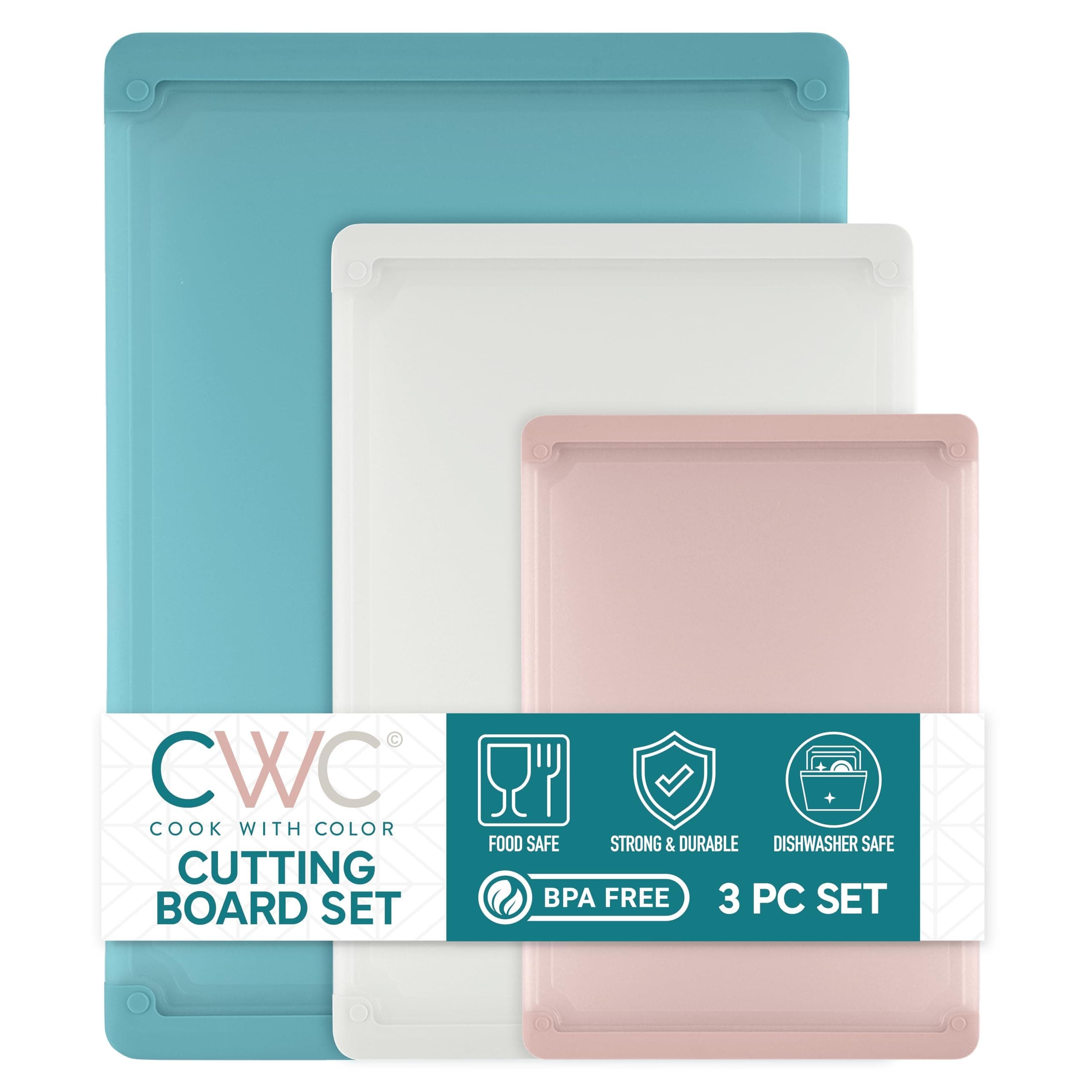 COOK WITH COLOR Extra Large Cutting Board Set, Jumbo-Sized Boards with Rubber Border for Enhanced Cooking Experience, 3-Piece, Teal