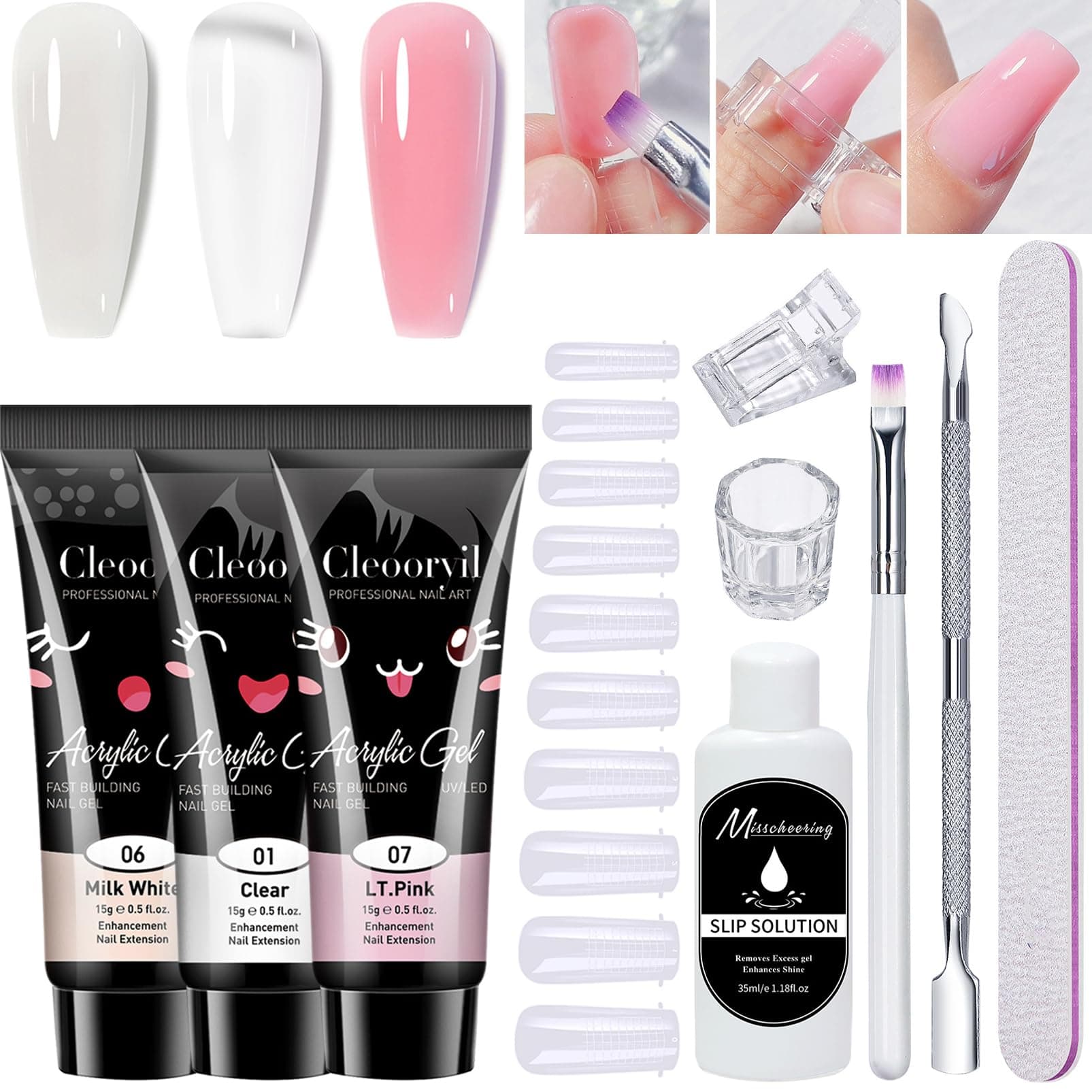 Poly Gel Nail Kit,3 Colors Clear White Pink Builder Nail Gel Set Nail Extension Gel kit,15ML Gel With Slip Solution All-in-one Nail Strengthen Gel Nail Art Kit DIY for Beginners Gifts Set for Women