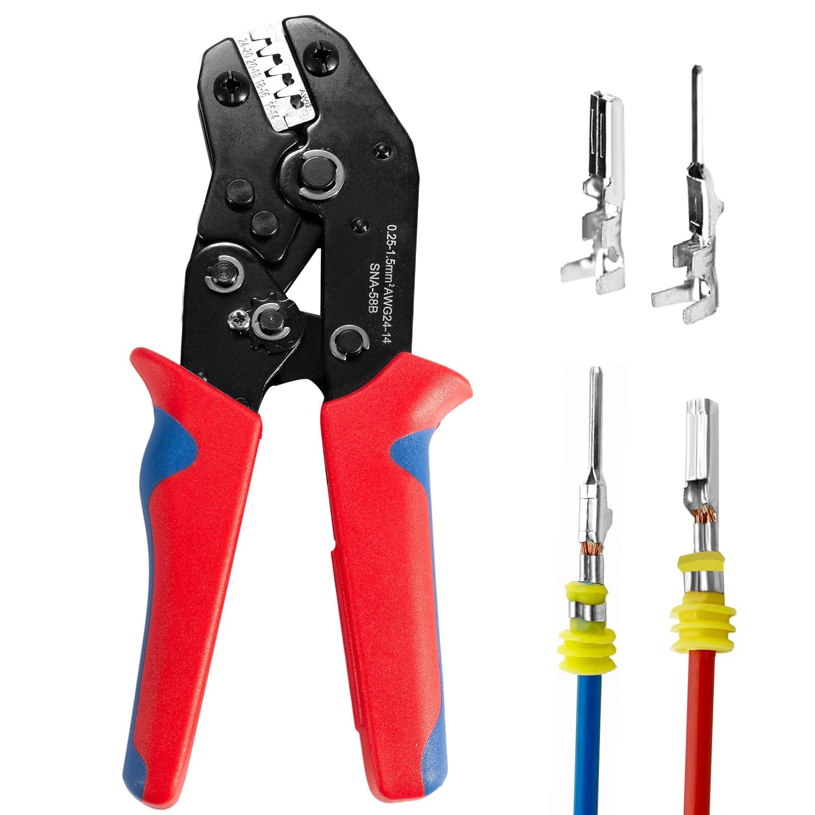 Wire Crimping Tool with Ratchet, Ratchet Wire Crimper Tool for Open Barrel Terminal Connectors, Electrical Crimping Tool for Molex Style Deutsch DELPHI AMP JST TYCO Terminals, 24-14 AWG