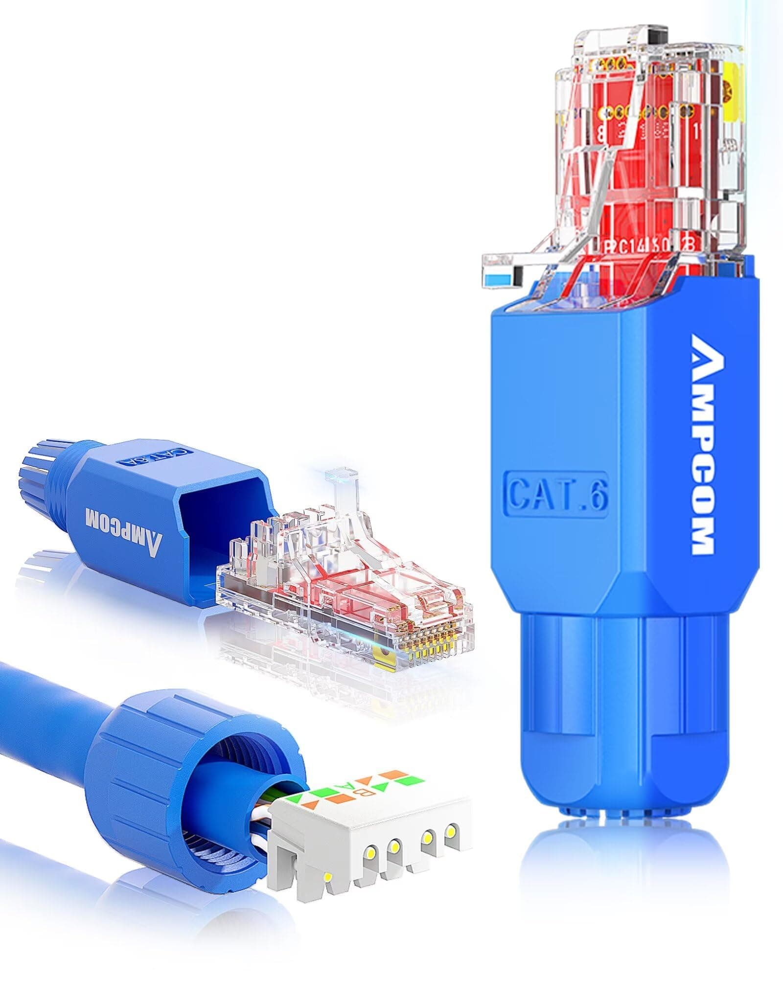 AMPCOM Cat6 Tool Free RJ45 Connector UTP Field Termination Modular Plug for 23-26 AWG Unshielded Ethernet Cable (Blue, 12-Pack)