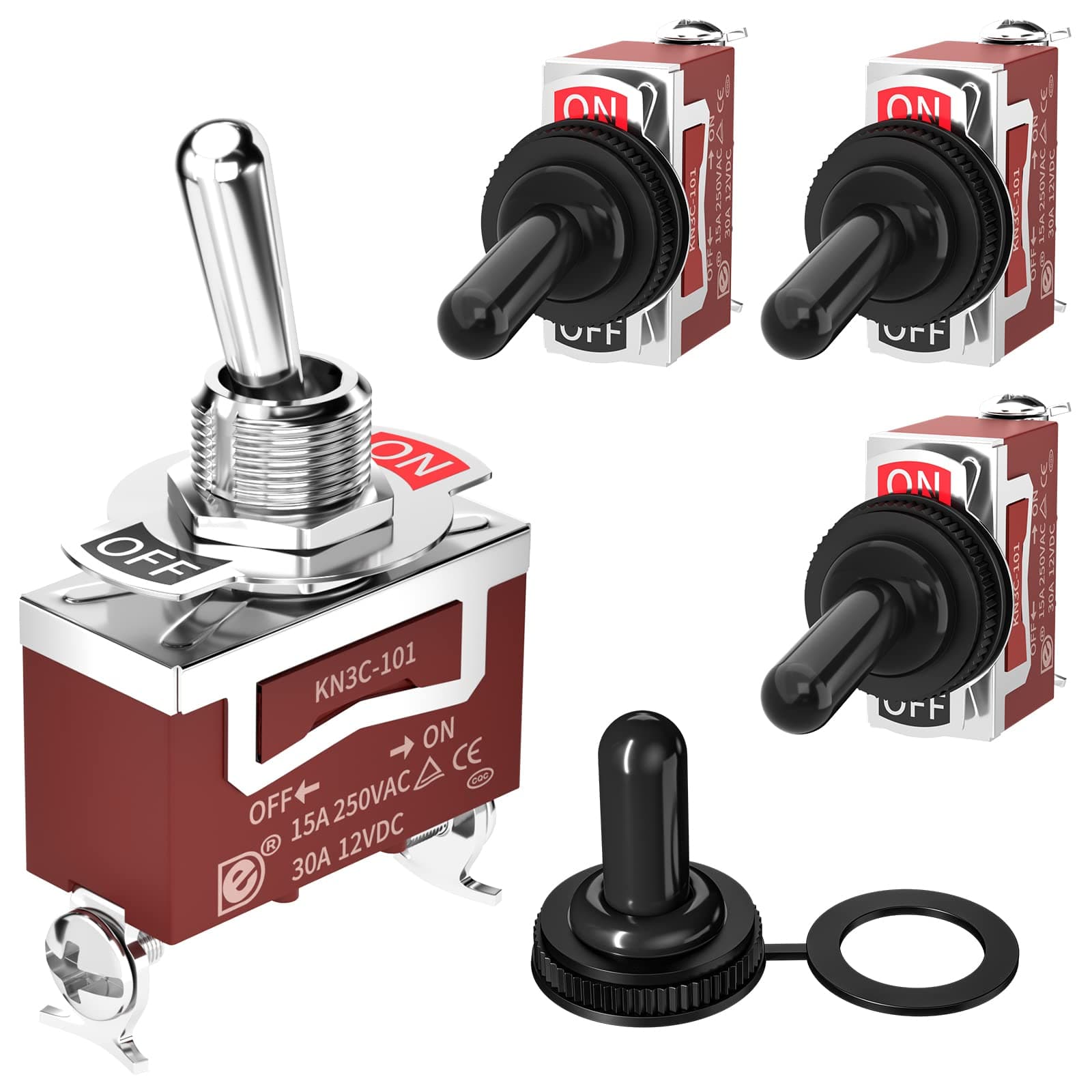 Joinfworld Toggle Switch 12V DC 125V SPST 2 Pin Waterproof Marine Toggle Switch 12 Volt On Off Switch 30A Heavy Duty with Boot Cover for Automotive Boat Car Truck - 4Pack