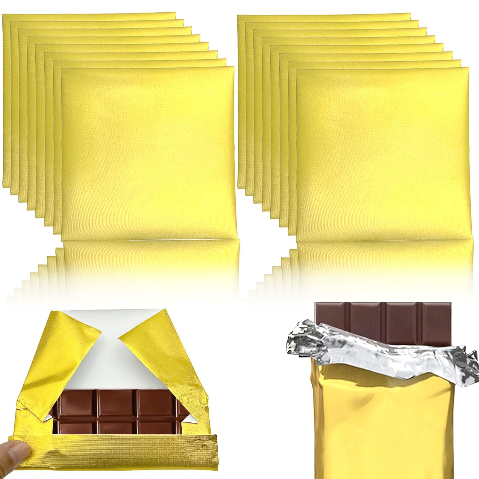 200 Pcs Chocolate Candy Bar Wrappers with Thick Paper Packaging, 7.87"*7.87" Gold Aluminum Foil Wrappers, Personalized for Homemade Candies/Chocolate Bars/Gifts