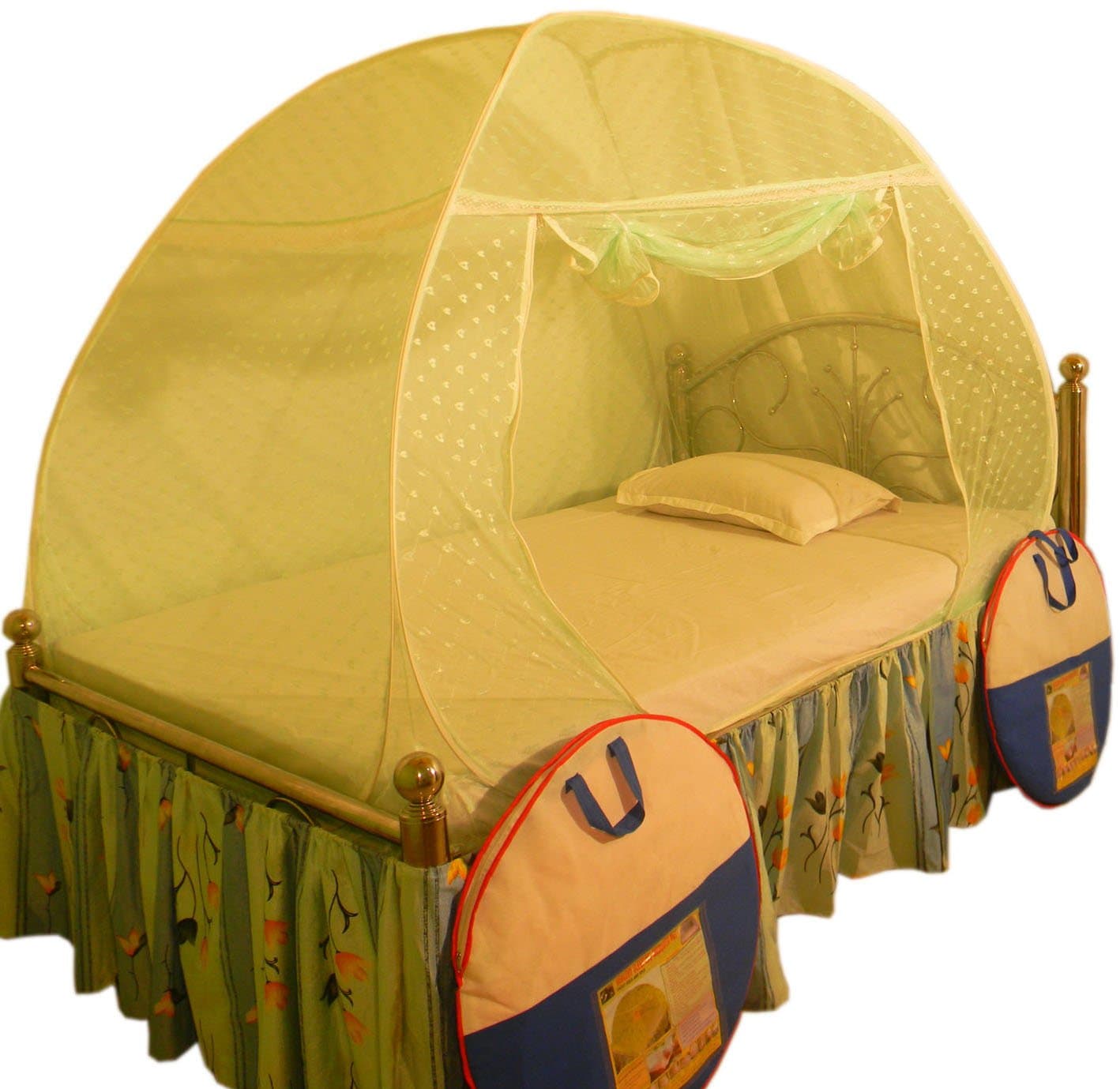 Healthy Sleeping Foldable Portable plyester pop up Mosquito Net for Single Bed, Strong & Durable Mosquito Net for 6 X 4 ft Size Bed (Embroidery Green)