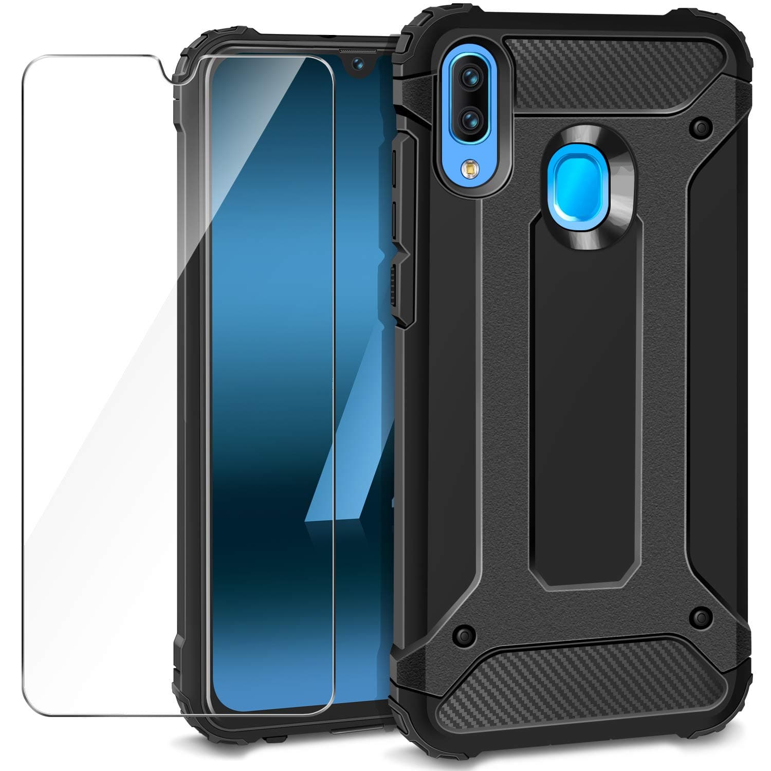AROYI for Samsung Galaxy A40 Case + Screen Protector, Rugged Armour Cover [Dual Layer] Heavy Duty Hard Back Shock Absorption Shockproof Impact Resistant Protective Case for Samsung Galaxy A40- Black