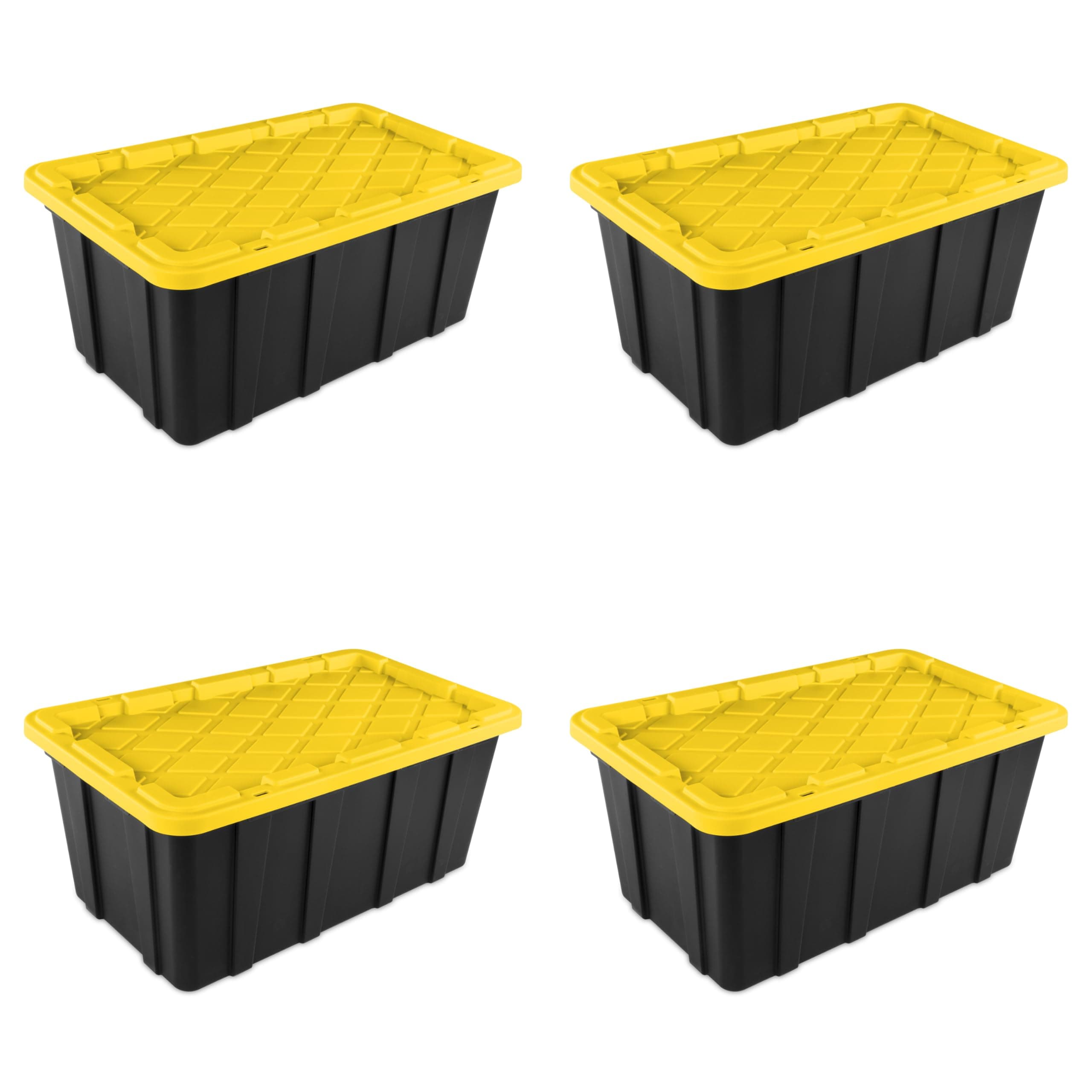 Sterilite 38 Gal Industrial Tote, Stackable Storage Bin with Snap-Fit Lid for Garage, Basement & Attic Storage, Black Base and Yellow Lily Lid, 4-Pack