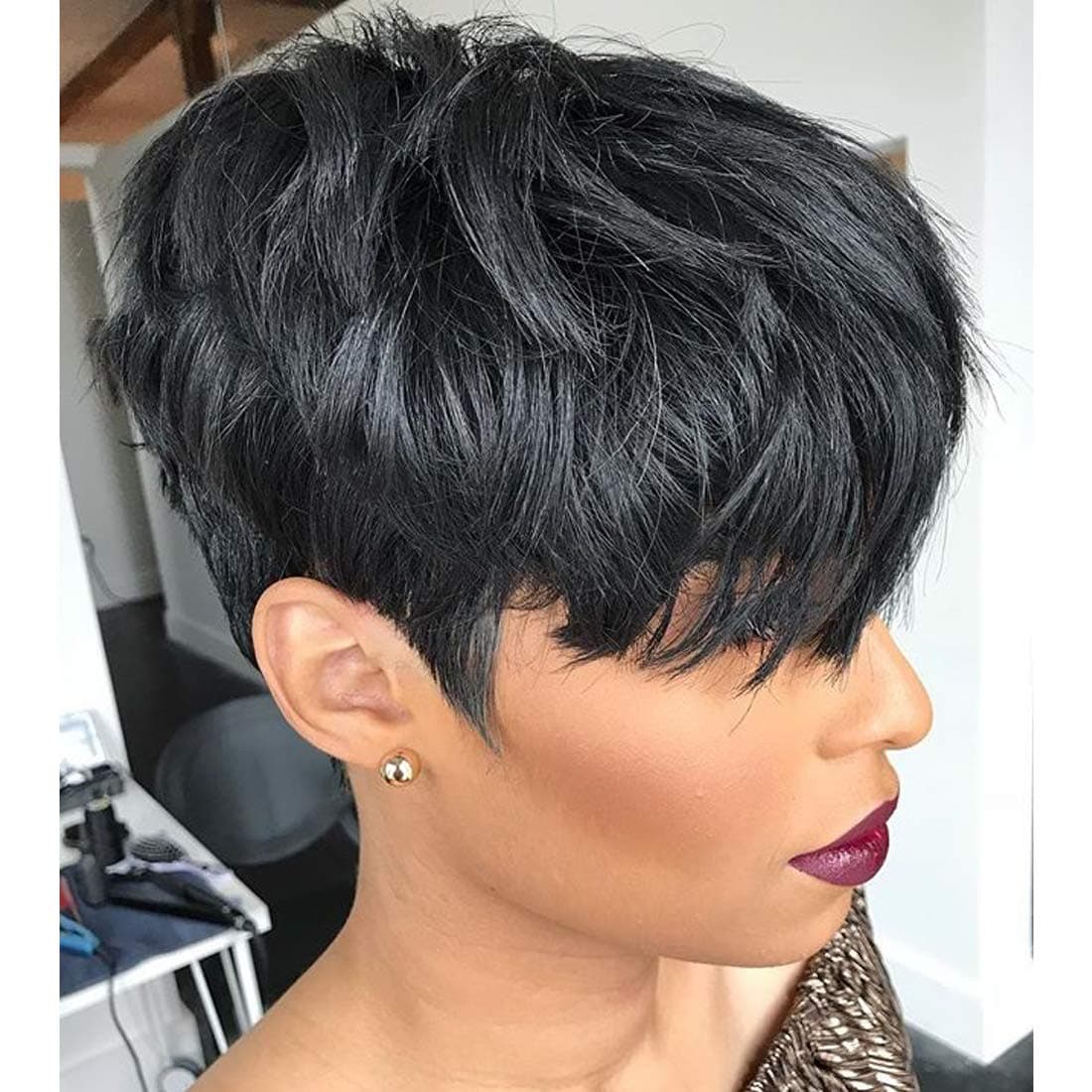 Human Hair Short Wigs Pixie Cut Wigs with Bangs Short Black Layered Wavy Wigs for Women 1B Color
