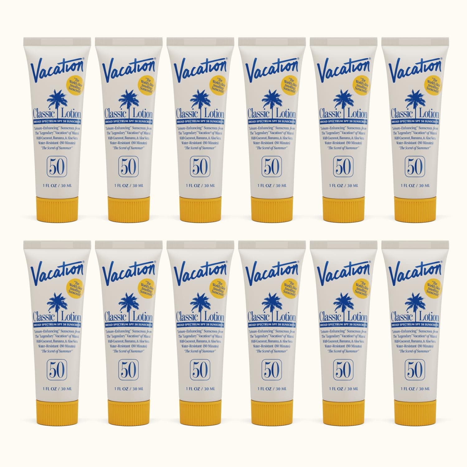 Vacation Mini Classic Lotion SPF 50, Water-Resistant, Mini Sunscreen Bulk Party Favor, Beach Must Haves, Traveling Essentials, Suntan Lotion Travel Size, 1 Fl. Oz. (Value Pack of 12)