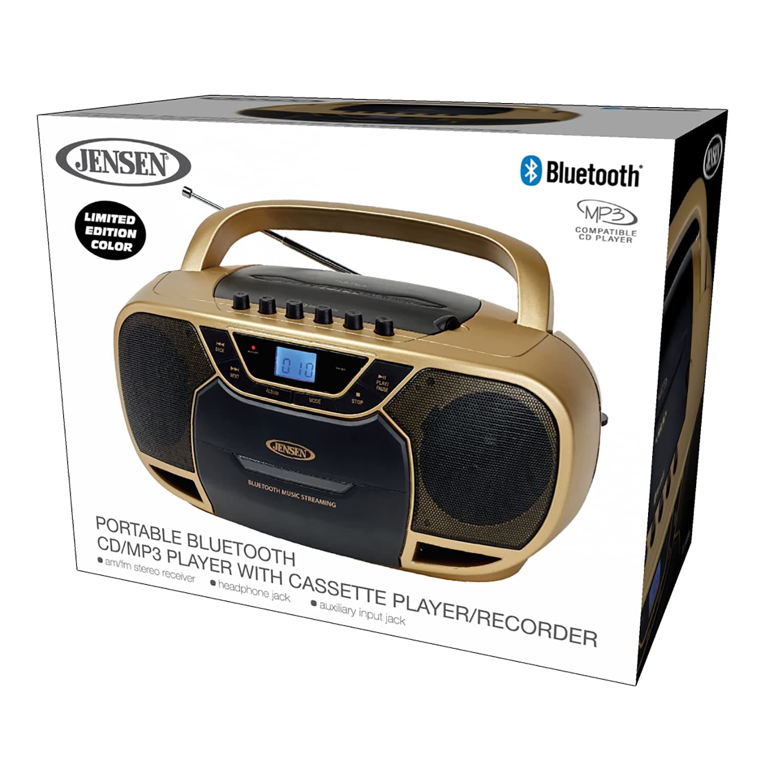 Jensen Stereo CD-590 Portable Bluetooth Home Audio CD/Cassette Boombox Digital Tuner AM/FM Radio Sound System, Top-Loading MP3 CD Player, Cassette Player/Recorder - Gold Exclusive