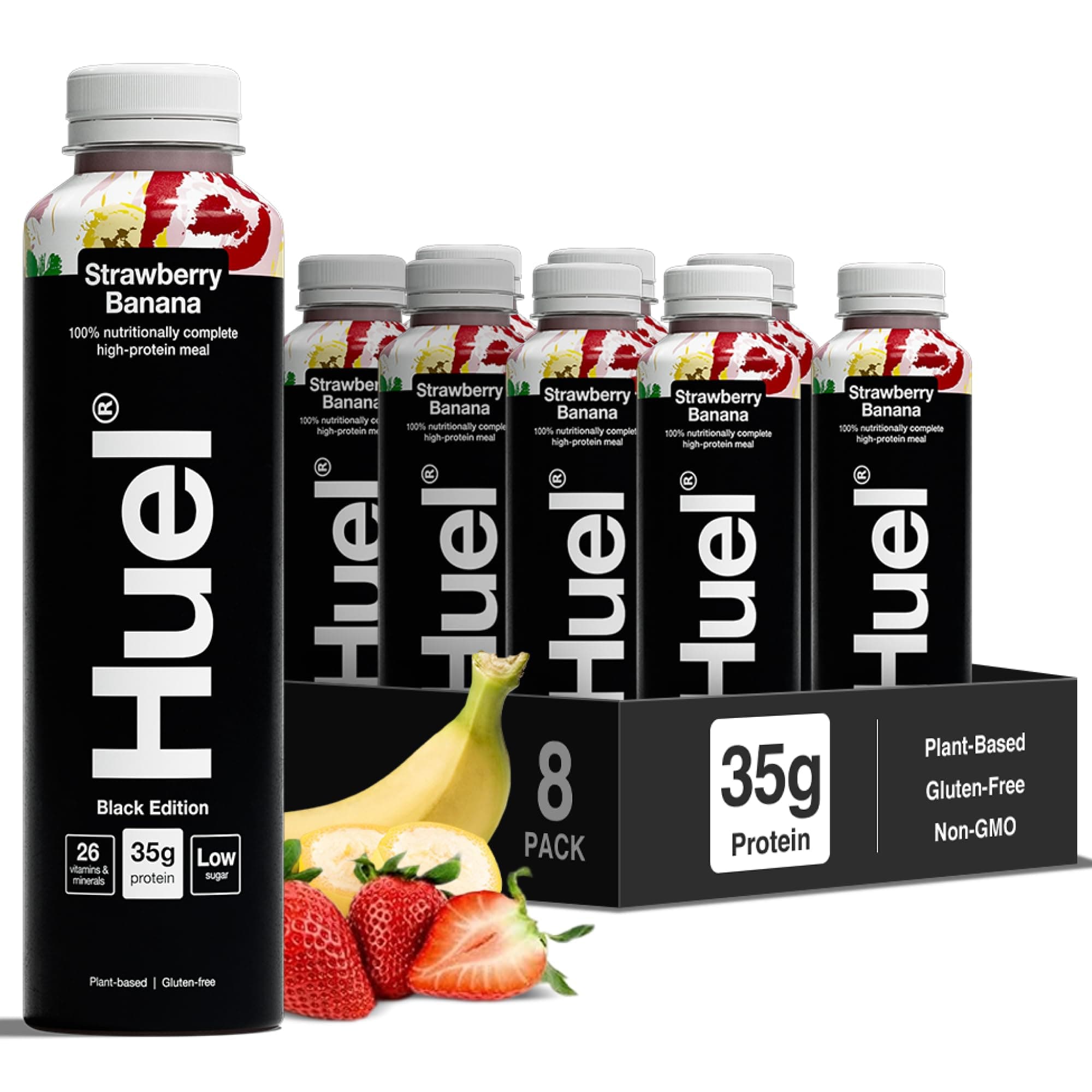 Black Edition Ready-to-Drink | 35g Plant-Based Protein | Complete Nutrition | More Than a Meal Replacement | Gluten-Free | 8x 500ml Bottles (8x500ml, Strawberry Banana)
