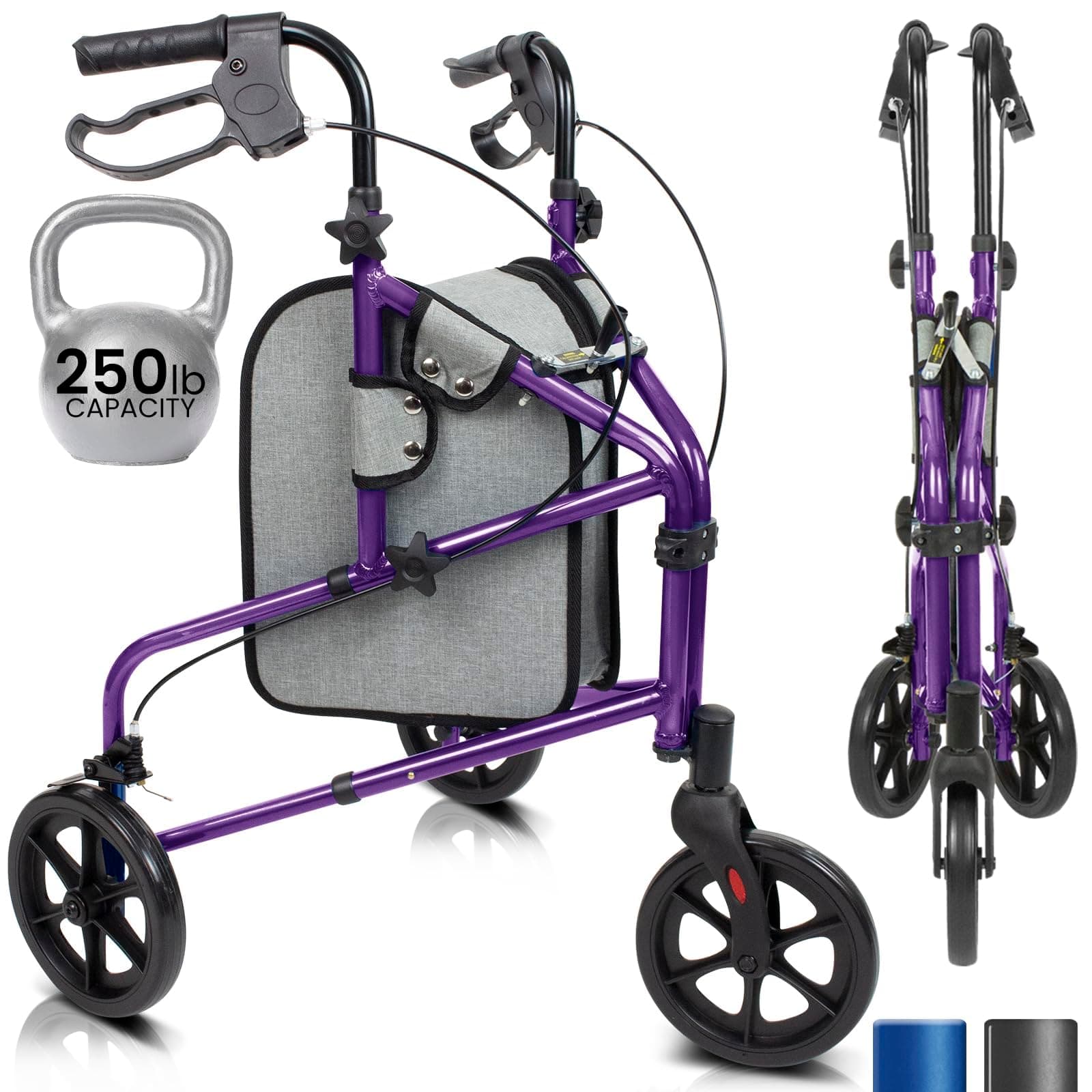 3 Wheel Rollator Walker - Lightweight and Foldable for Seniors, Elderly, Men, Women - Folding Heavy Duty Tri-Wheeled for Indoor/Outdoor Use (Purple)