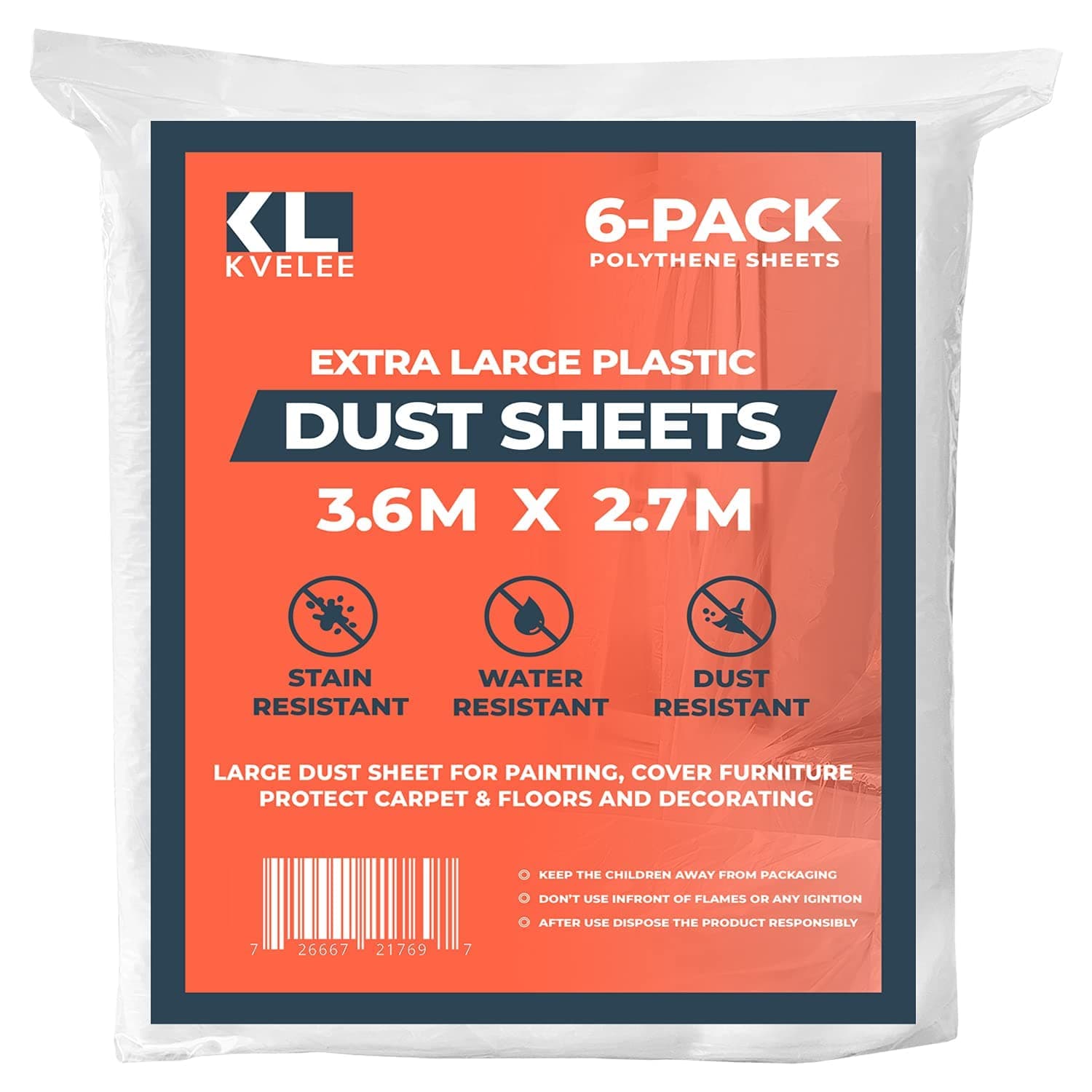 KVELEE 6 Pack Extra Large Plastic Dust Sheets for Decorating 3.6 x 2.7m (12 x 9ft), Dust Sheet for Painting & Covering Furniture, Plastic Sheeting for Floor Protection, Polythene Sheeting for Painting