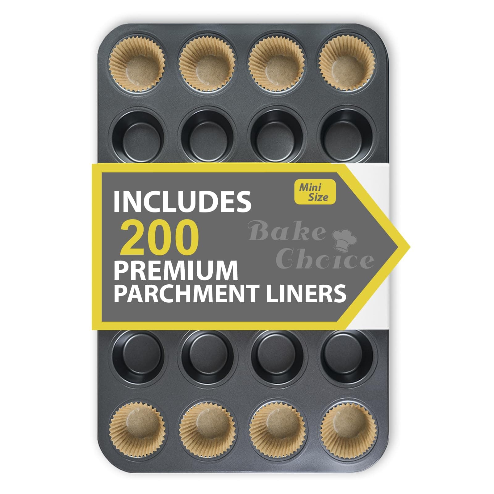 Bake Choice Mini Muffin Pan includes 200 Natural Cupcake Liners, Mini Cupcake Pans Nonstick 24 Cup, Muffin Tin, Carbon Steel Baking Supplies