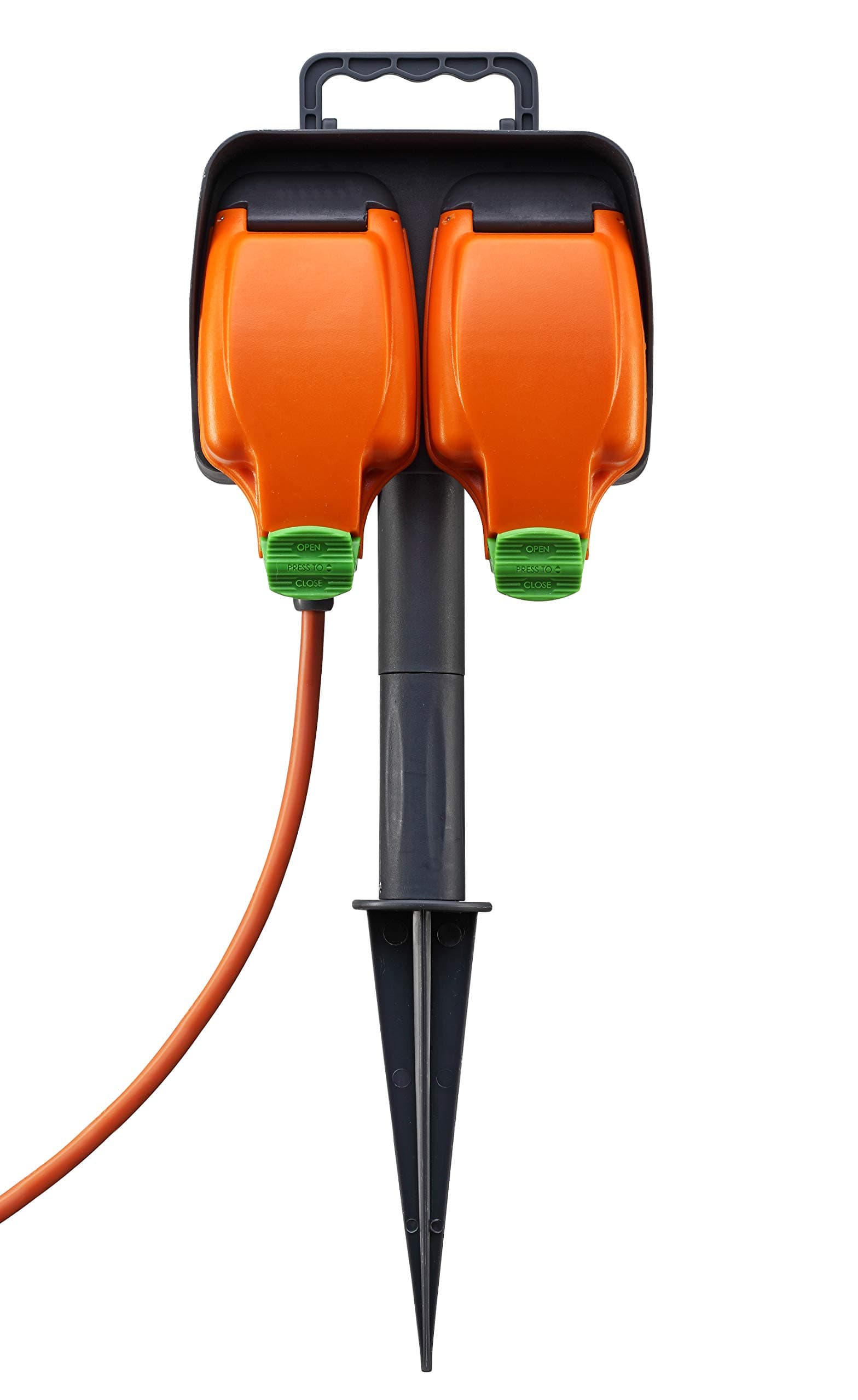 Masterplug IPGS15/2-MS Weatherproof Outdoor Inline Double Socket Garden Spike with 15 Metre Extension Lead, IP54 Rated Orange