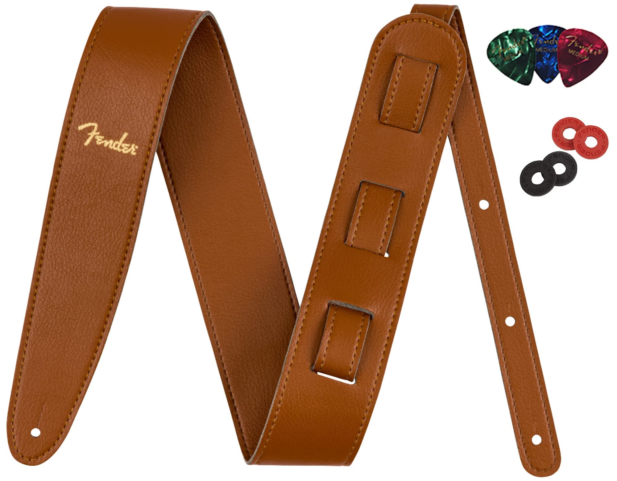 FenderVegan Leather Guitar Strap Brown Bundle with Strap Blocks and Picks