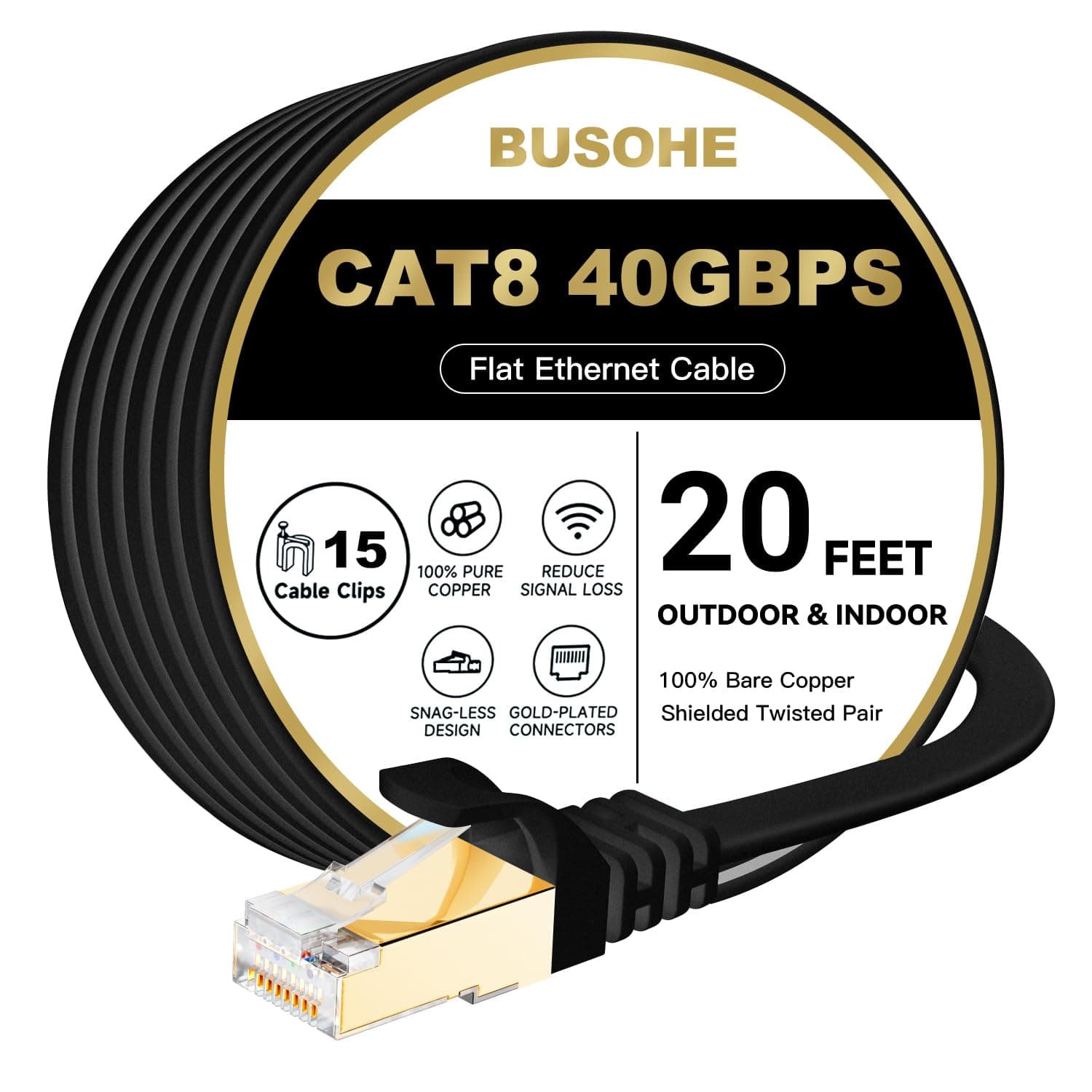 Cat7 Ethernet Cable 20 FT Black, BUSOHE Cat-7 Flat RJ45 Computer Internet LAN Network Ethernet Patch Cable Cord - 20 Feet