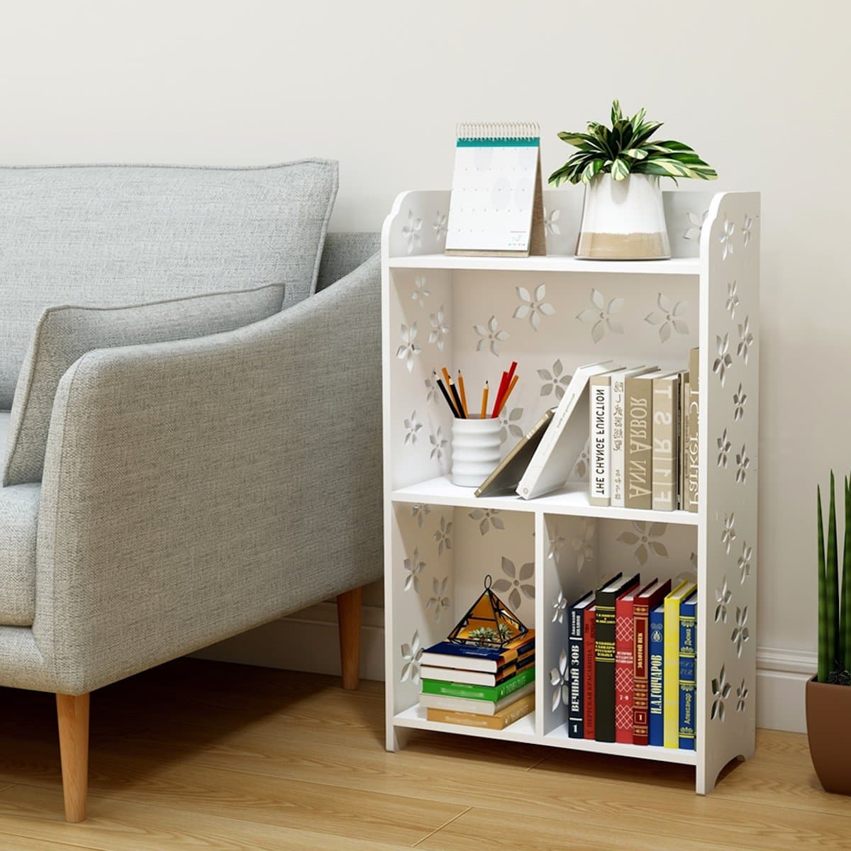 AnTeck White Bookcase Bookshelf Display Storage Shelf Bookcase Storage Unit Organiser with Pattern Flower Cut Out for Bedroom Home Office Living Room