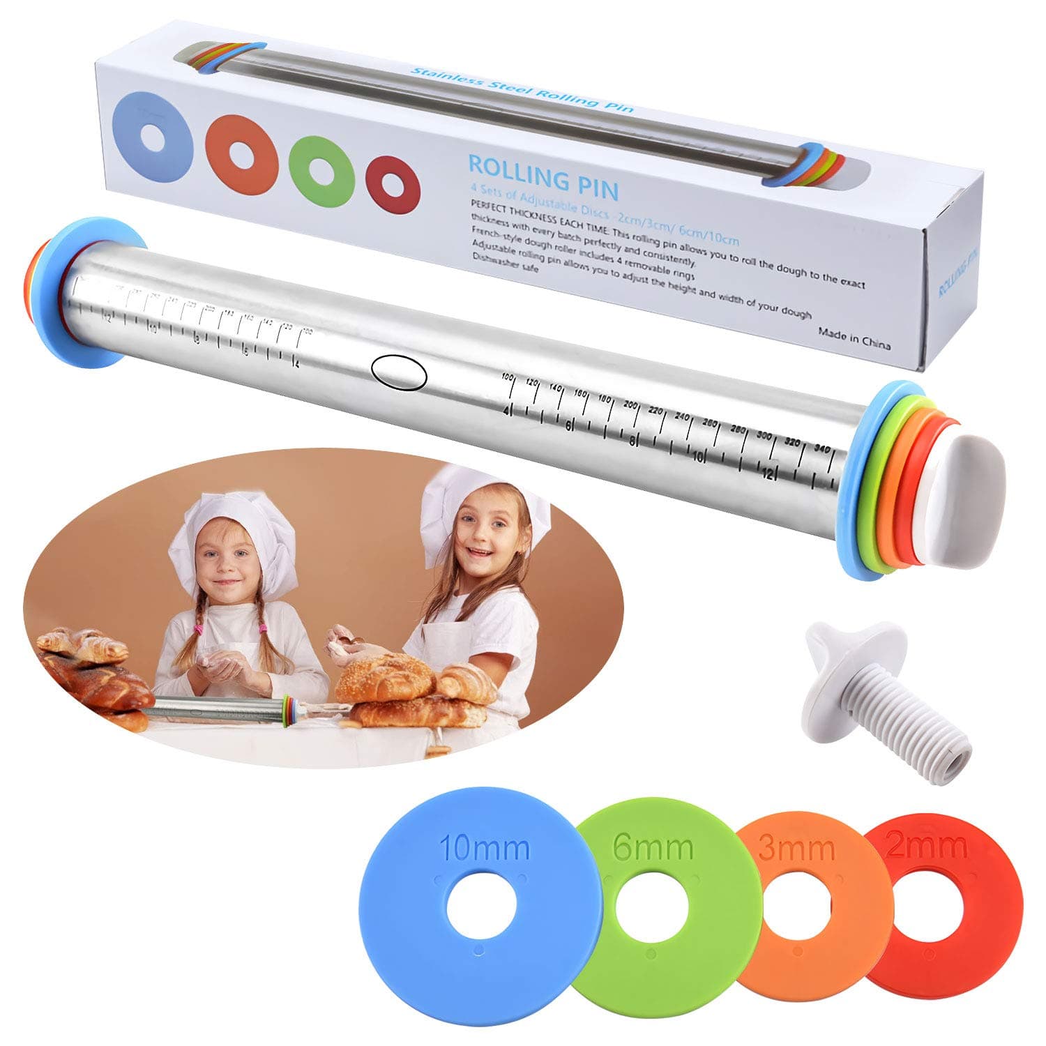 Adjustable Rolling Pin with Thickness Rings Guides - Non Stick - 17 inch Large Heavy Duty Stainless Steel French Style Dough Roller for Baking Pizza Pie Pastries and Cookies