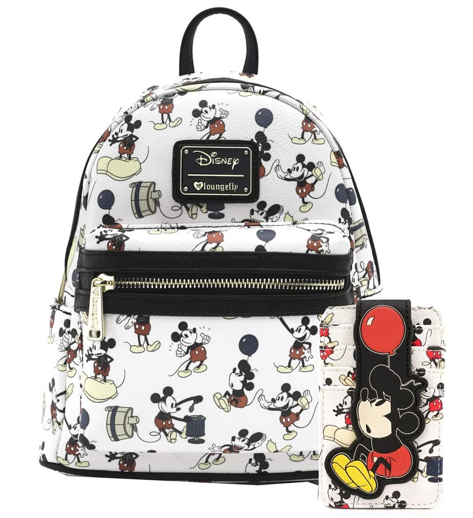 Loungefly Disney Mickey Mouse True Original Print Mini Backpack Credit Card Holder Set (White)