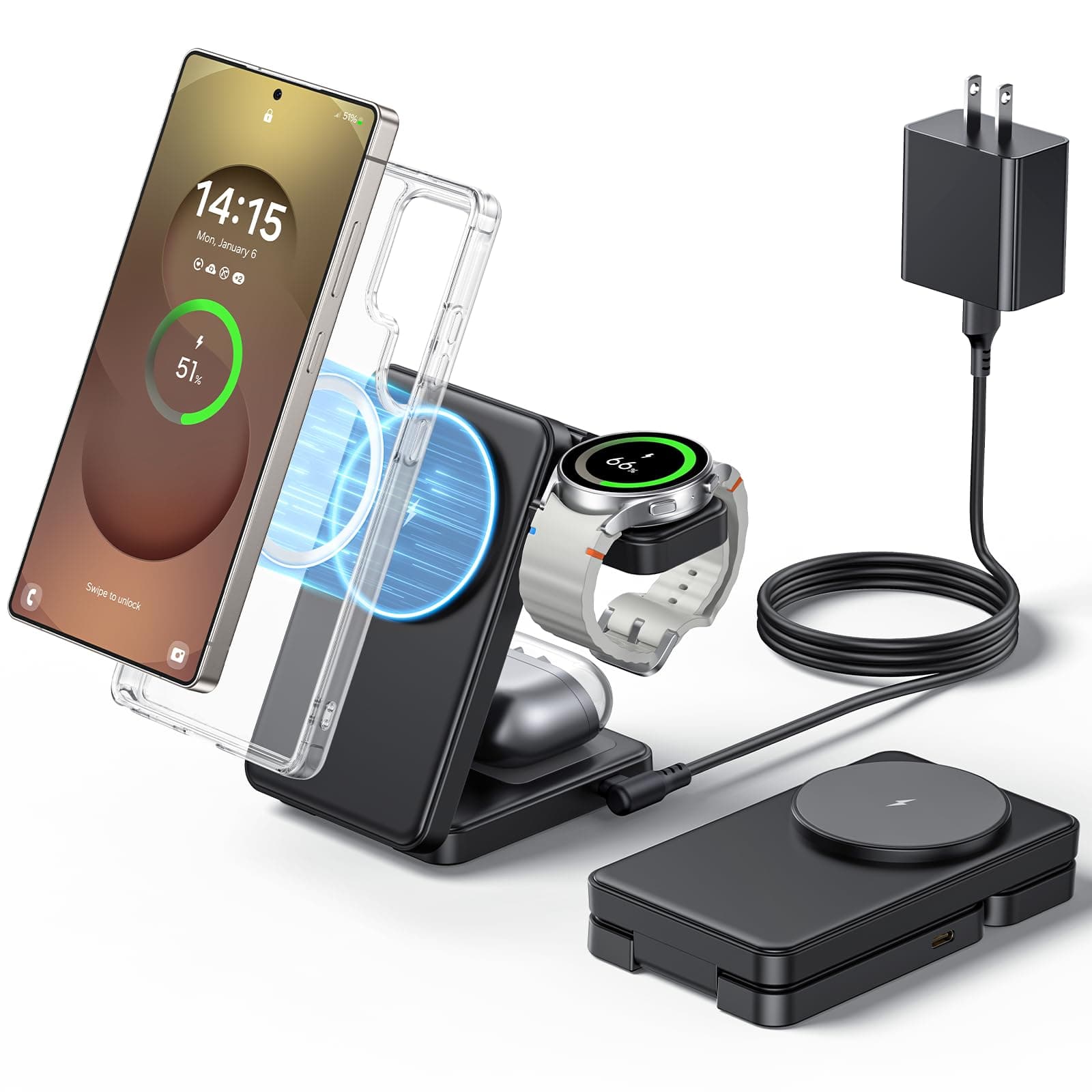 3 in 1 Magnetic Foldable Wireless Charger for Samsung, Fast Mag-Safe Charging Station for Galaxy S26 S25 S24 Ultra Plus/Z Fold/Z Flip 7/6/5, Charger Stand for Galaxy Watch Ultra /8/7/6/5/Pro, for Buds