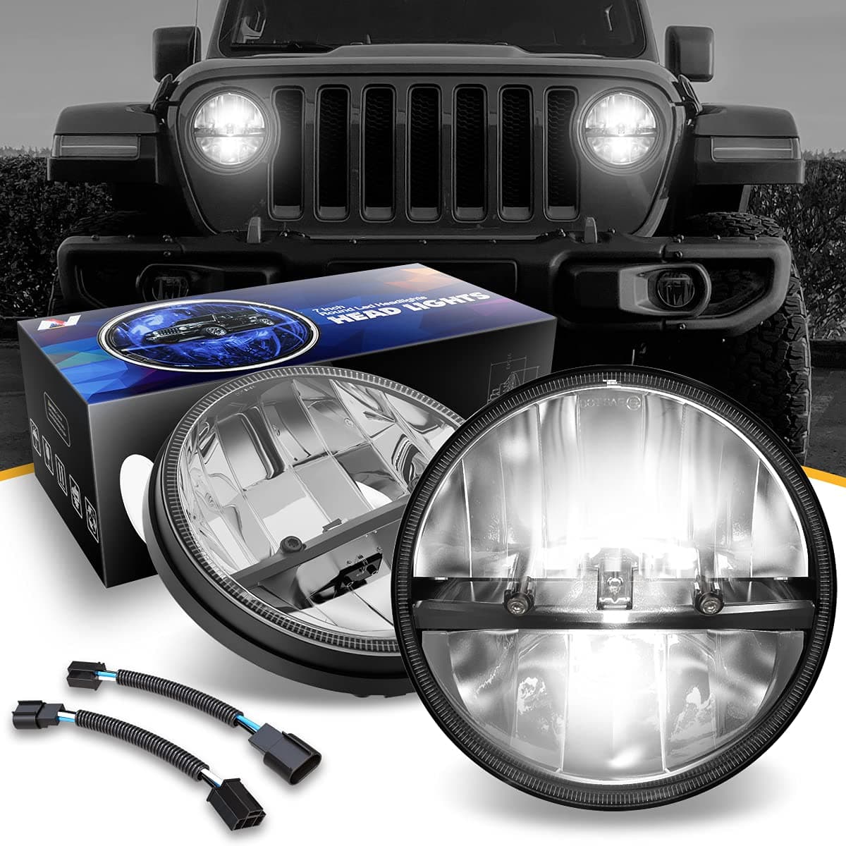 7 inches LED Headlight High Low Beam Compatible with 97-17 Wrangler JK TJ LJ CJ / 18 Wrangler JK with Adapter Harness (Left & Right) DOT Approved, Chrome, NVL-HL-002