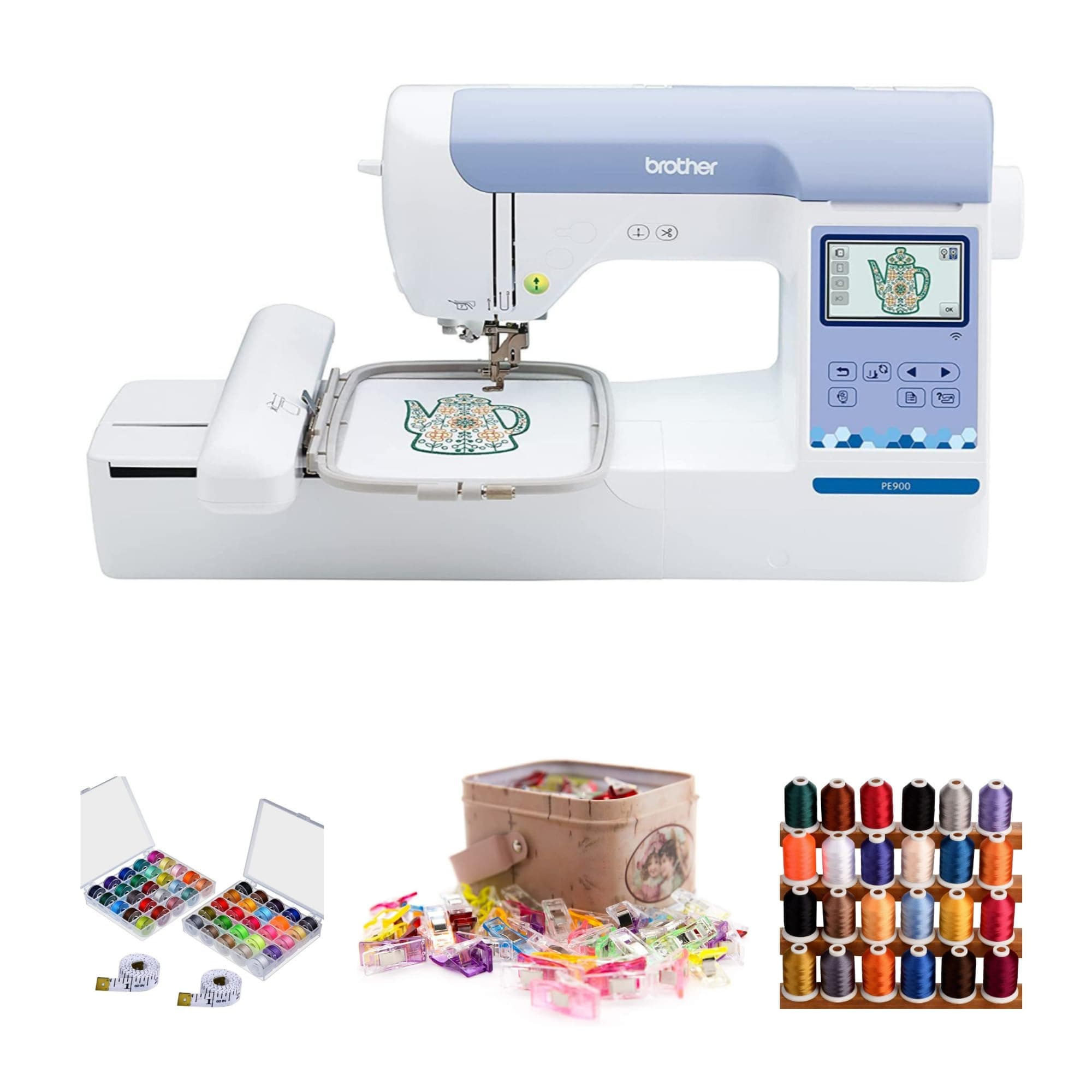 Elite PE900 Large Embroidery Machine with Wireless LAN Connection with Sewing Bundle (4 Items)