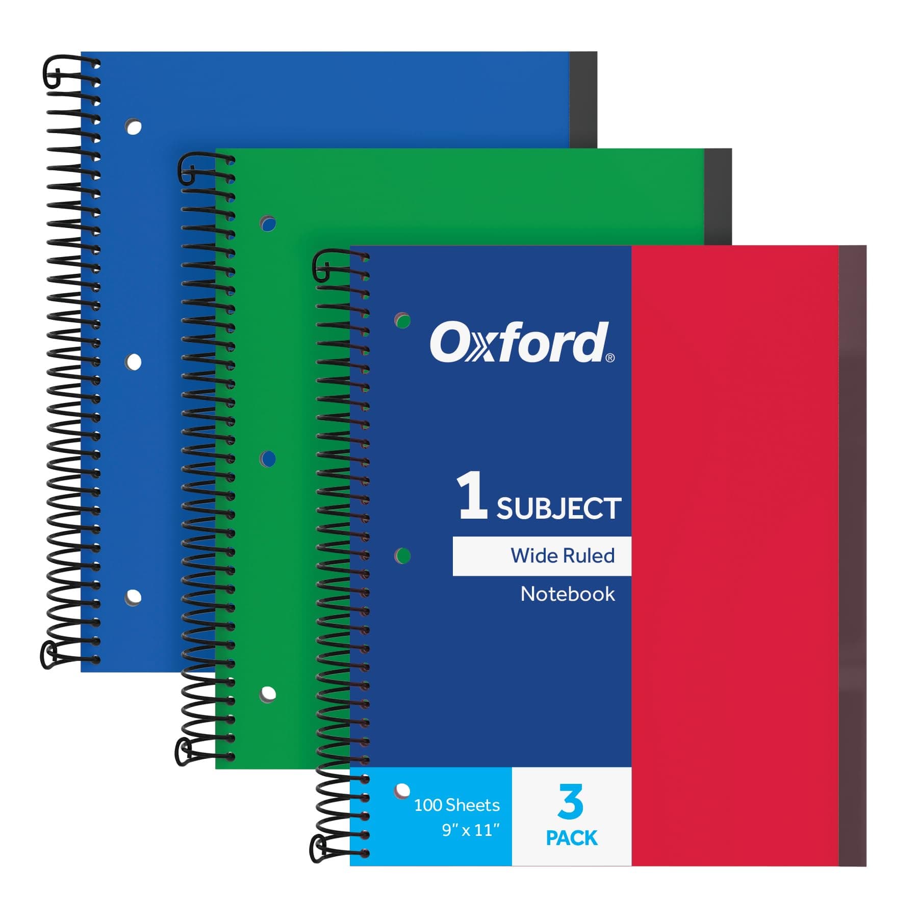 Oxford Spiral Notebook 3 Pack, 1 Subject, Wide Rule Journal, Durable Plastic Covers, 1 Pocket, 8.5 x 11 Inches, 100 Sheets, Red, Green, Blue (89802)