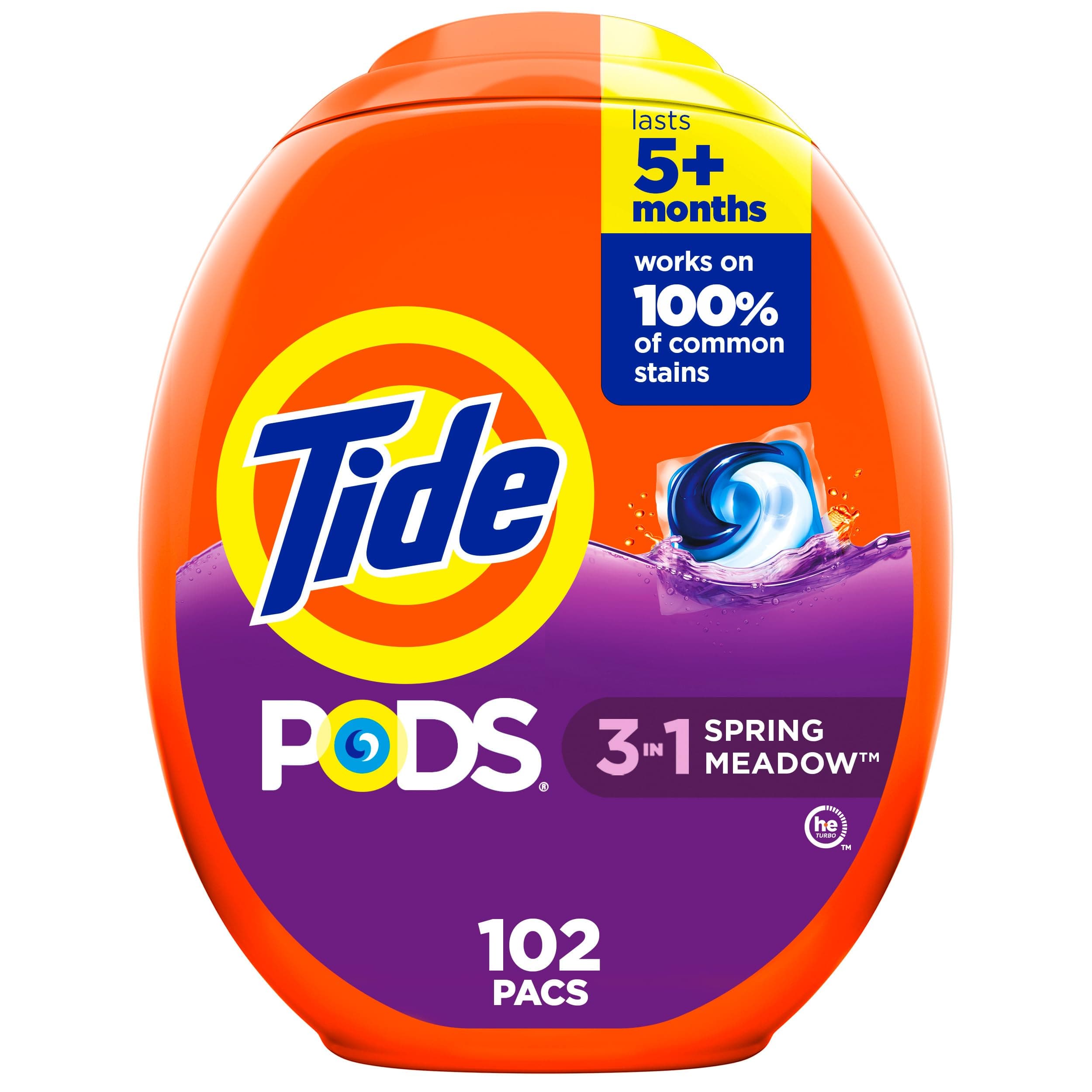 PODS Laundry Detergent Capsules, HE Compatible, 102 Count Powerful 3-in-1 Cleaning, Spring Meadow Perfume