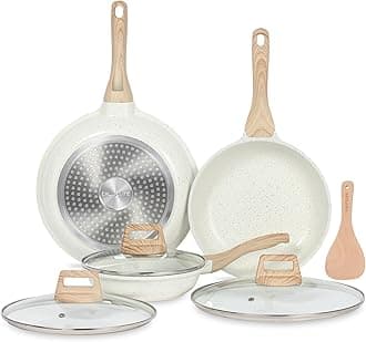 ESLITE LIFE Nonstick Ceramic Frying Pans Skillets Set with Lids, Non-Toxic Egg Omelette Kitchen Cooking Pans Compatible with All Stovetops (Gas, Electric & Induction), PTFE & PFOA Free (White)