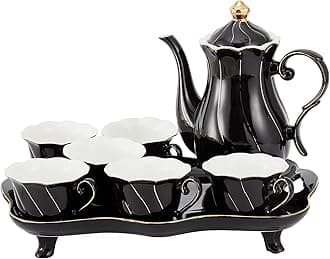 DUJUST 14 pcs Tea Set of 6 with Tea Tray & Spoons, Modern Diamond Design Tea/Coffee Cup Set with Golden Trim, Chic Porcelain Living Room Decor, Fine-china Teapot/Tea Party Set, Gift Package - Black