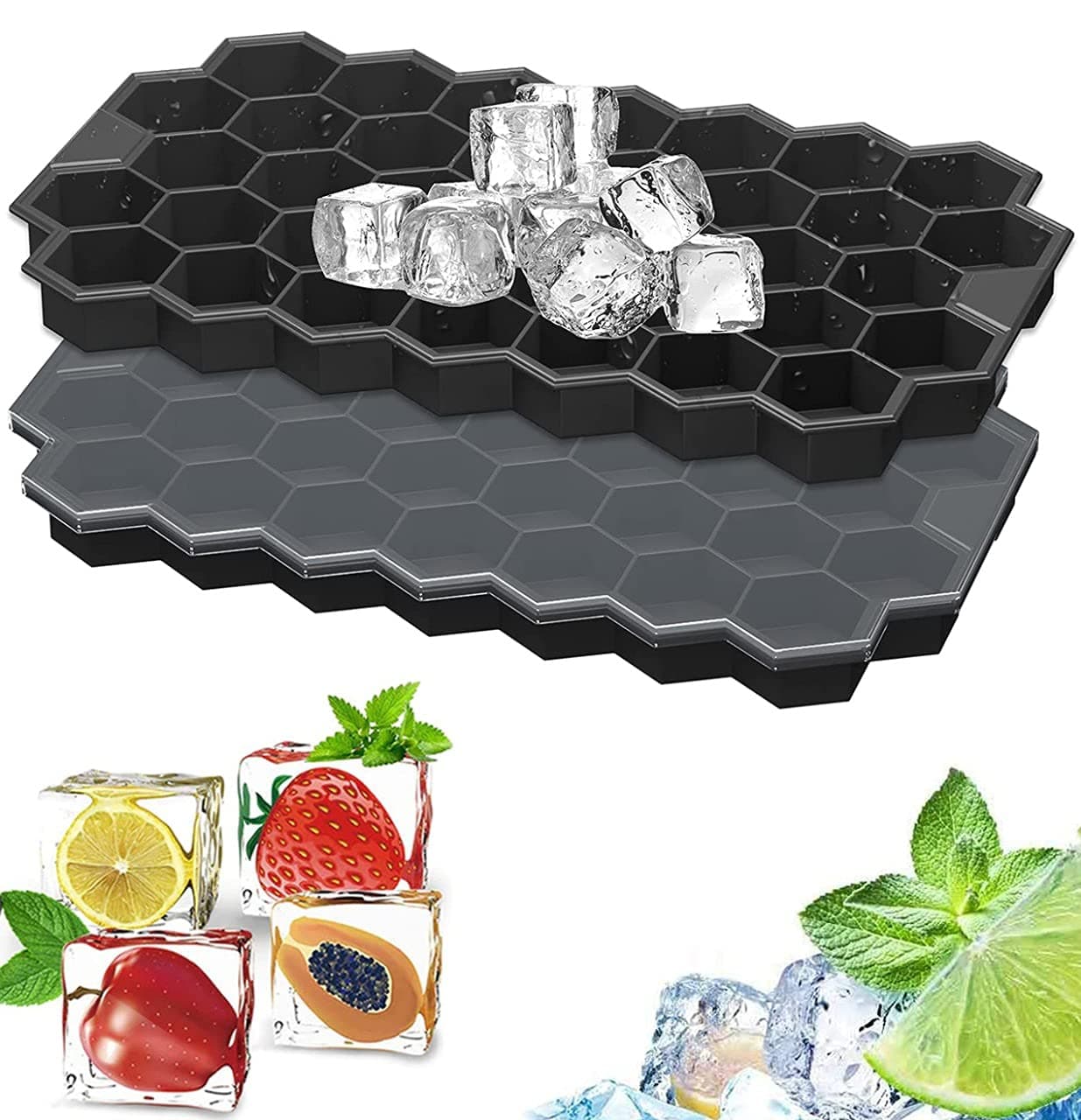 Showay Ice Cube Tray with Silicone Removable Lid, 37 Honeycomb cubes, Flexible and Easy Release for Freezer, Cold Drinks, Cocktails & Soda(1 Pack)