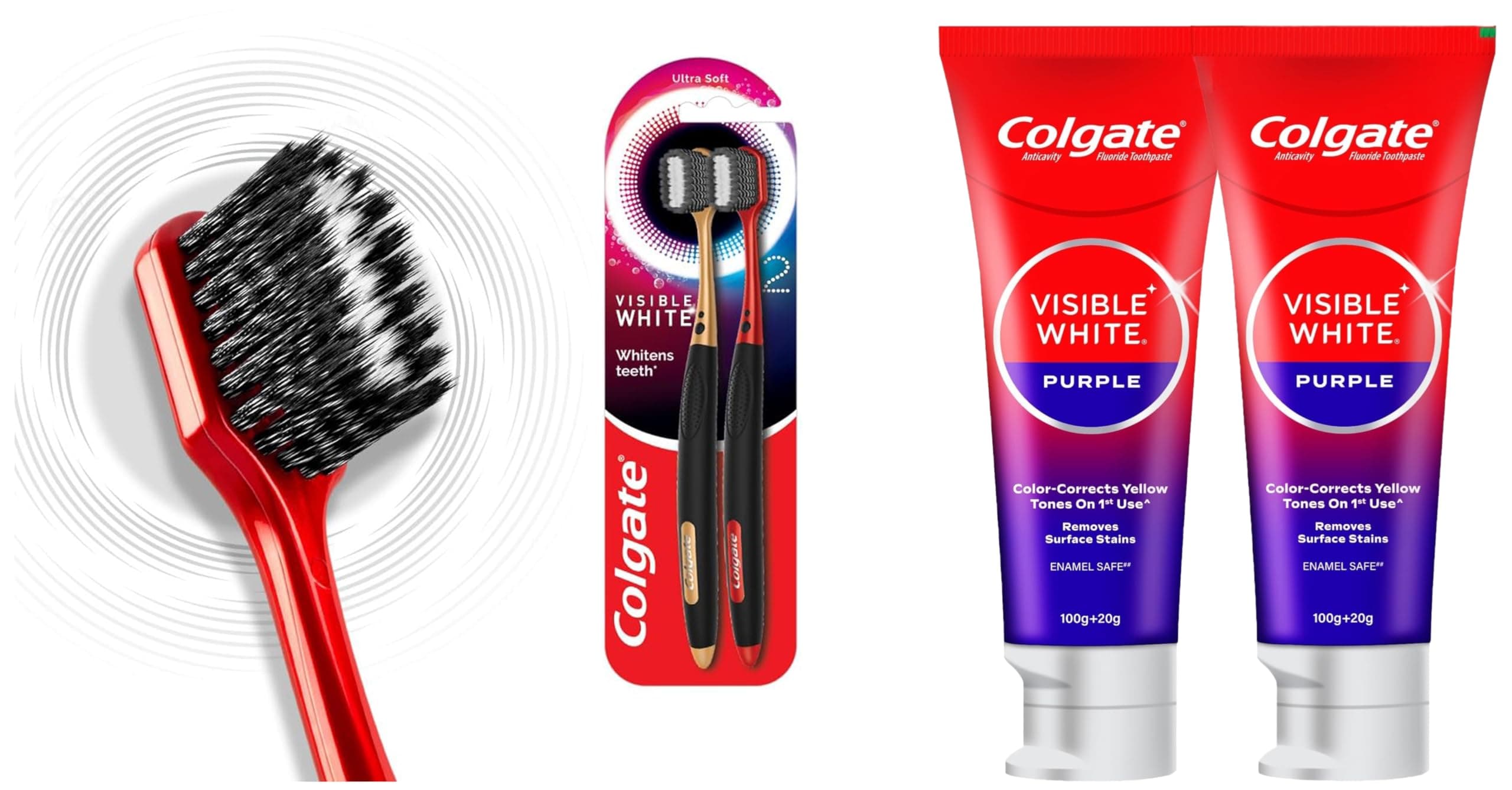 Visible White Purple Toothpaste for Teeth Whitening with Fluoride, Remove Surface Stains, Whitens Yellow Teeth, Enamel-Safe (240g) & Colgate Visible White O2 Manual Toothbrush (2Pc) Ultra Soft