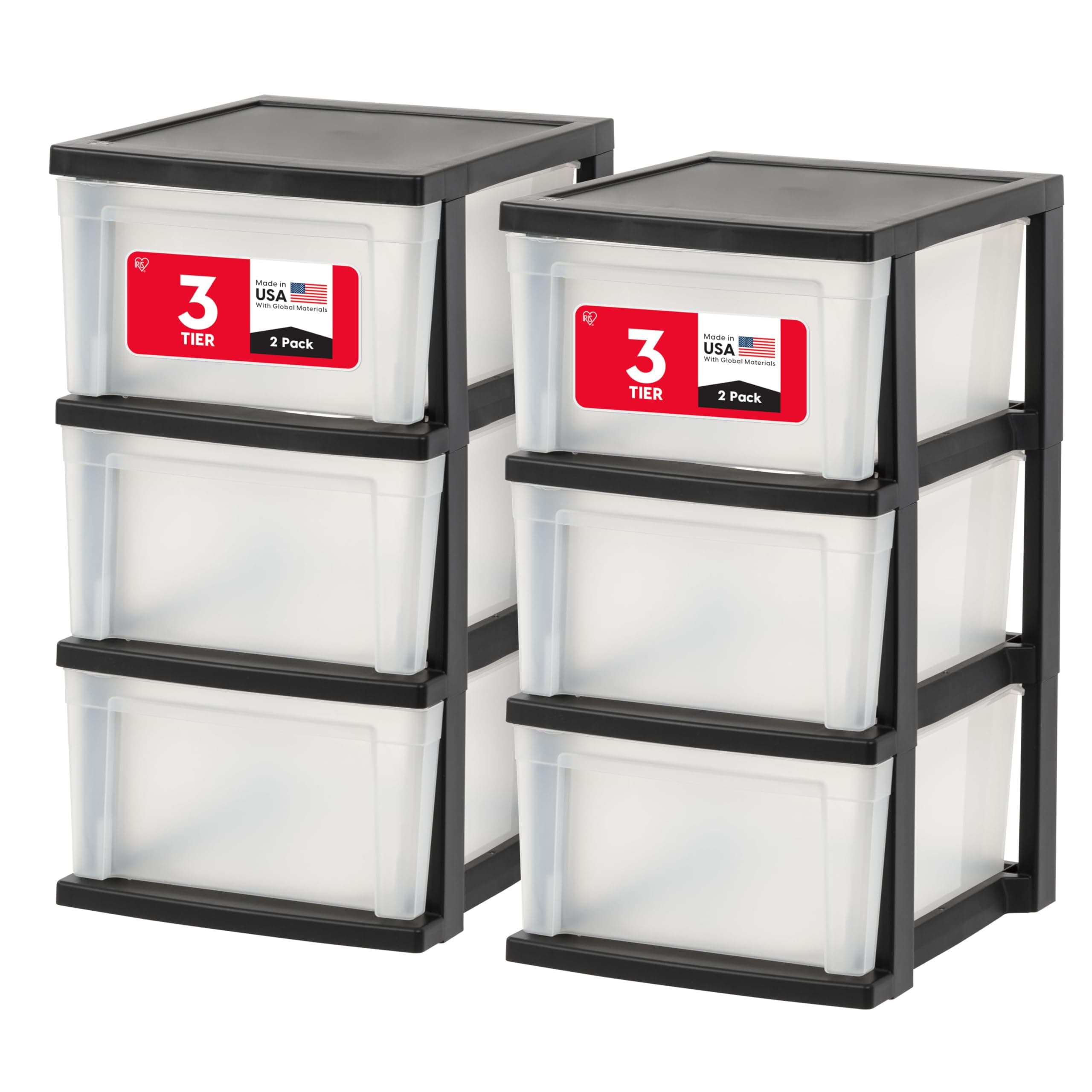 IRIS USA Plastic Drawer Storage Organizer, 3-Drawers, 2-Pack, for Classroom Art Craft Supplies, Bathroom Bedroom, Laundry Room, Black/Clear