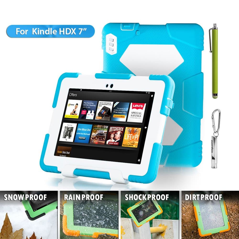 HDX 7 Case,Kindle Fire HDX 7" 2013 Case,ACEGUARDER[Heavy Duty] Three Layer Armor Defender And Full Body Protective Case Cover With Kickstand And Screen Protector for Amazon Kindle Fire HDX 7" 2013[Gifts Outdoor Carabiner + Whistle + Handwritten Touch Pen] - Light Blue/White