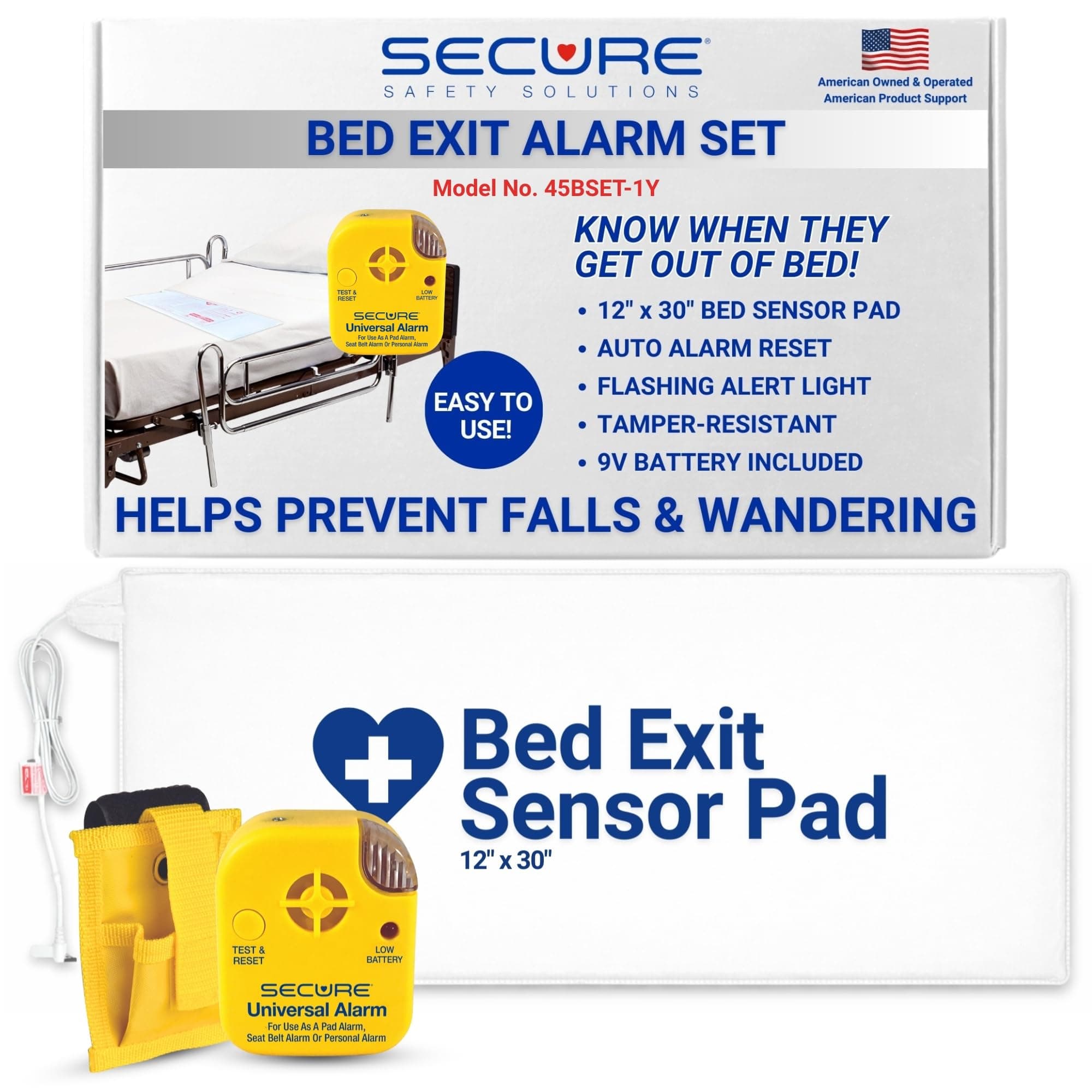 45BSET-1Y Bed Alarm System by Secure Safety Solutions - 80 dB Alarm Monitor with Holder & 12" x 30" Bed Sensor Pad - Bed Alarms and Fall Prevention for Elderly Dementia Patient - Batteries Included