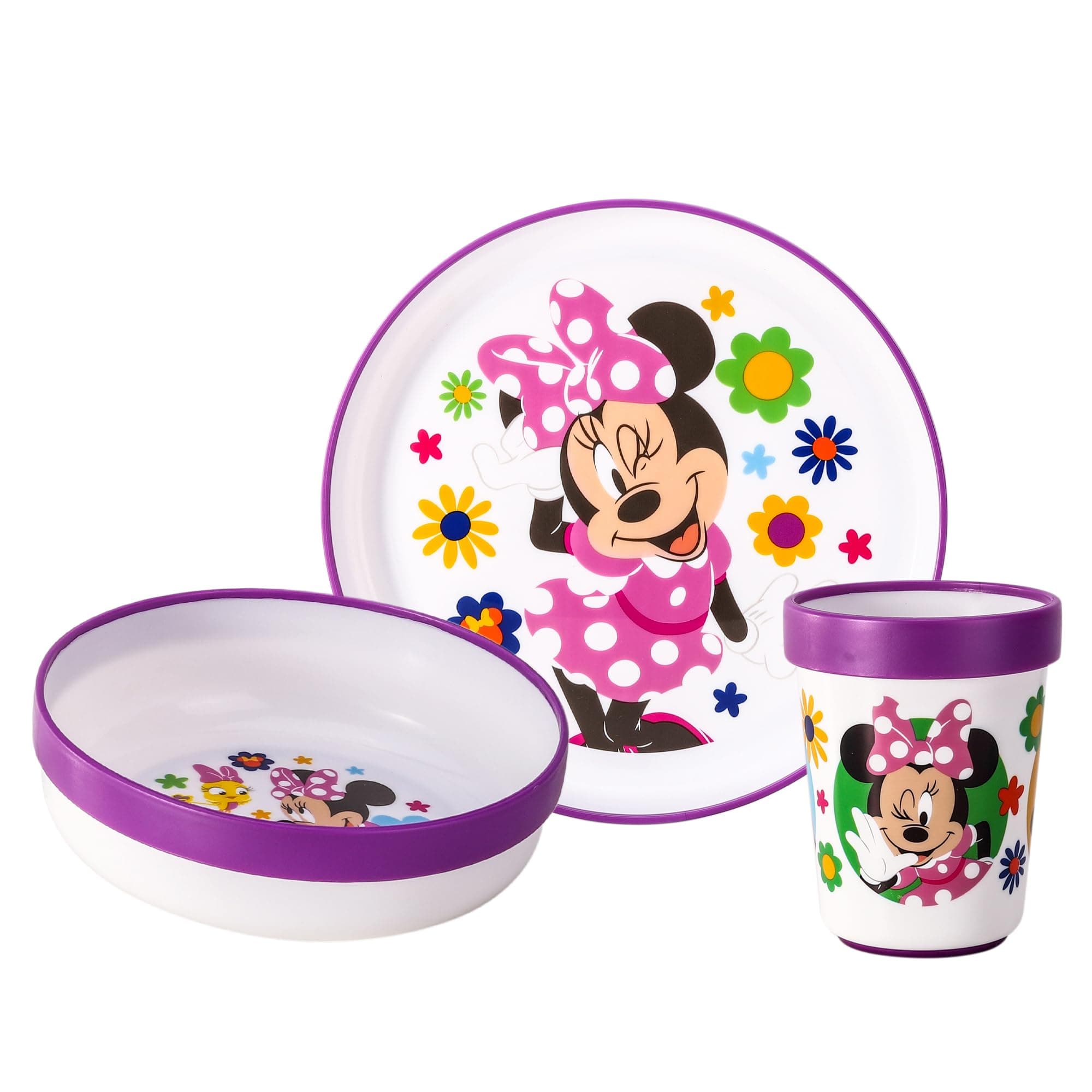 3pcs Reusable Bicolor Premium Kids Dinner Tableware Set Plate, Bowl & Tumbler, BPA Free (Minnie Mouse)