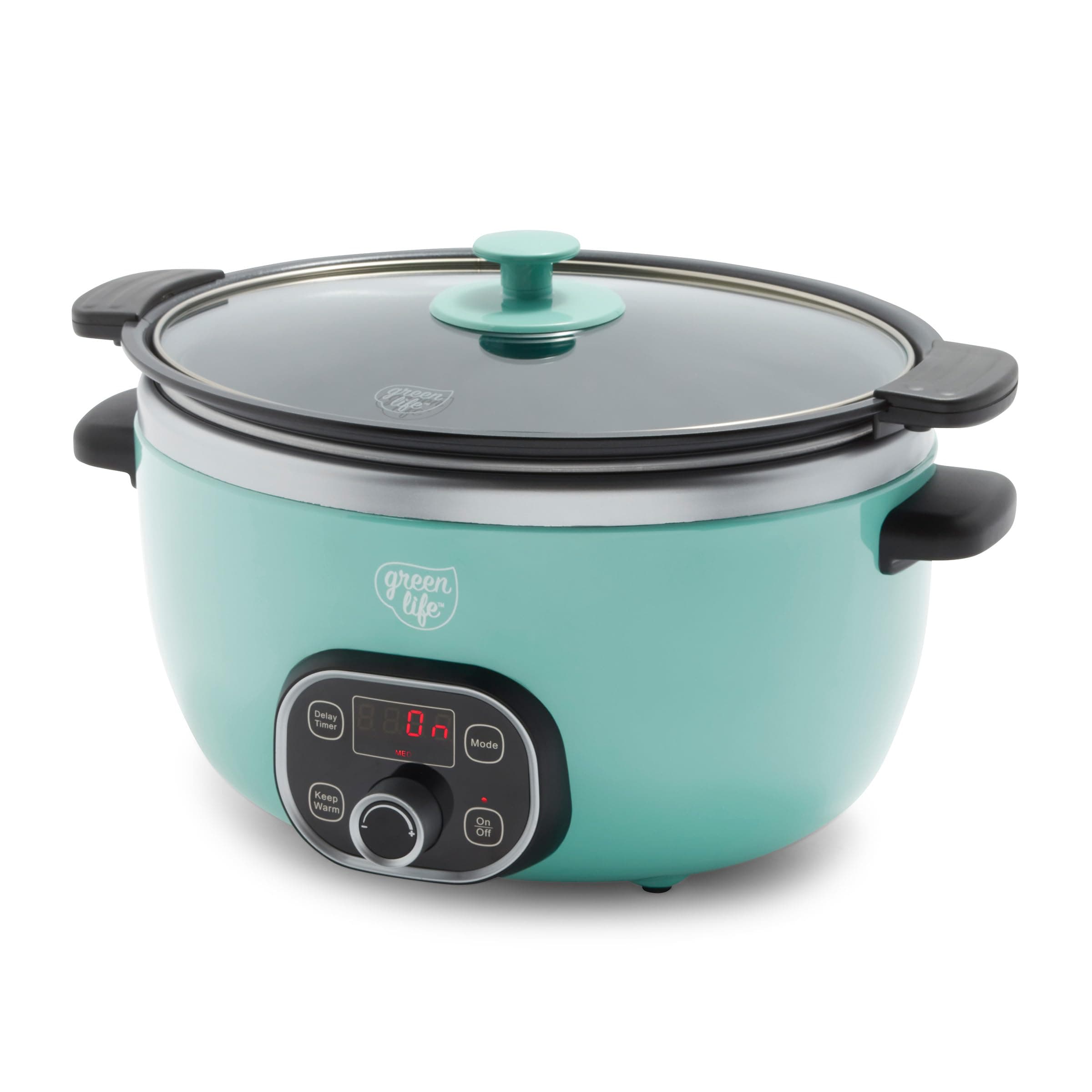 GreenLife 6 QT Ceramic Slow Cooker, PFAS-Free, Programmable, Removable Healthy Nonstick Pot for large families, Sear on Stovetop, Keep Warm, Digital Timer, Dishwasher Safe Glass Lid & Crock, Turquoise
