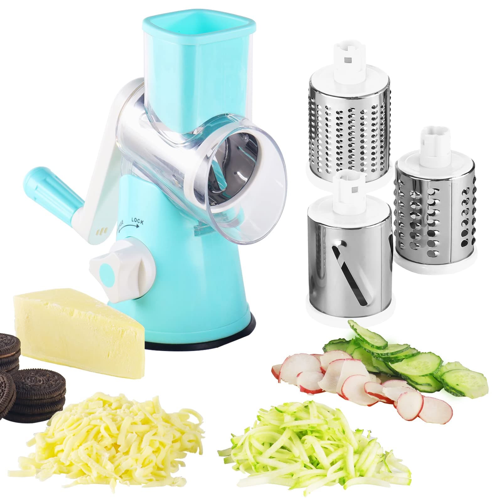 Cheese Grater Hand Crank - 3-in-1 Stainless Steel Rotary Grater & Shredder for Cheese, Vegetables, Nuts, Chocolate - Easy Crank Manual Food Grinder with Drum Slicer (Blue)