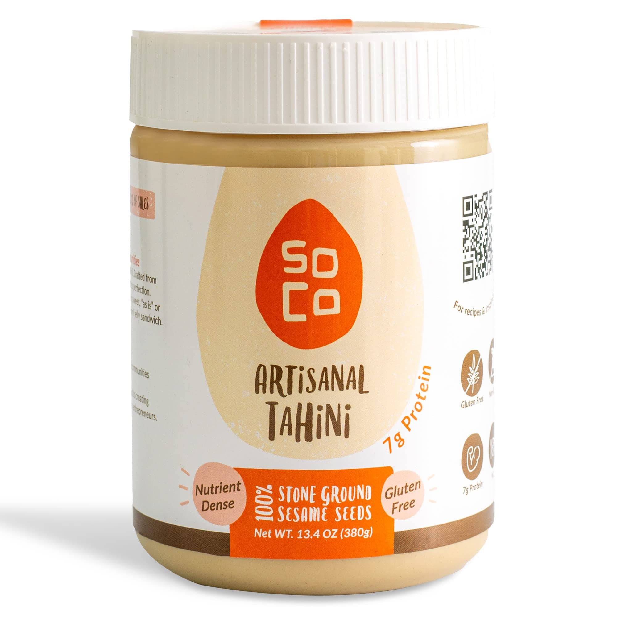 SoCo Artisanal Tahini Paste for Hummus, Pure Ground Plant-Based Tahini Sauce, Multipurpose Sesame Paste, Non-GMO, Gluten-Free, Sugar-Free, Kosher, Pack of 1 x 13.4 Ounces (380 Grams)
