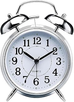 Table Clock Retro Twin Bell Metal Frame Alarm Clock with Night Backlight Function and Silent Motion, High Volume Bedside Luminous Alarm for Students Bedroom/Office (Silver Vintage)